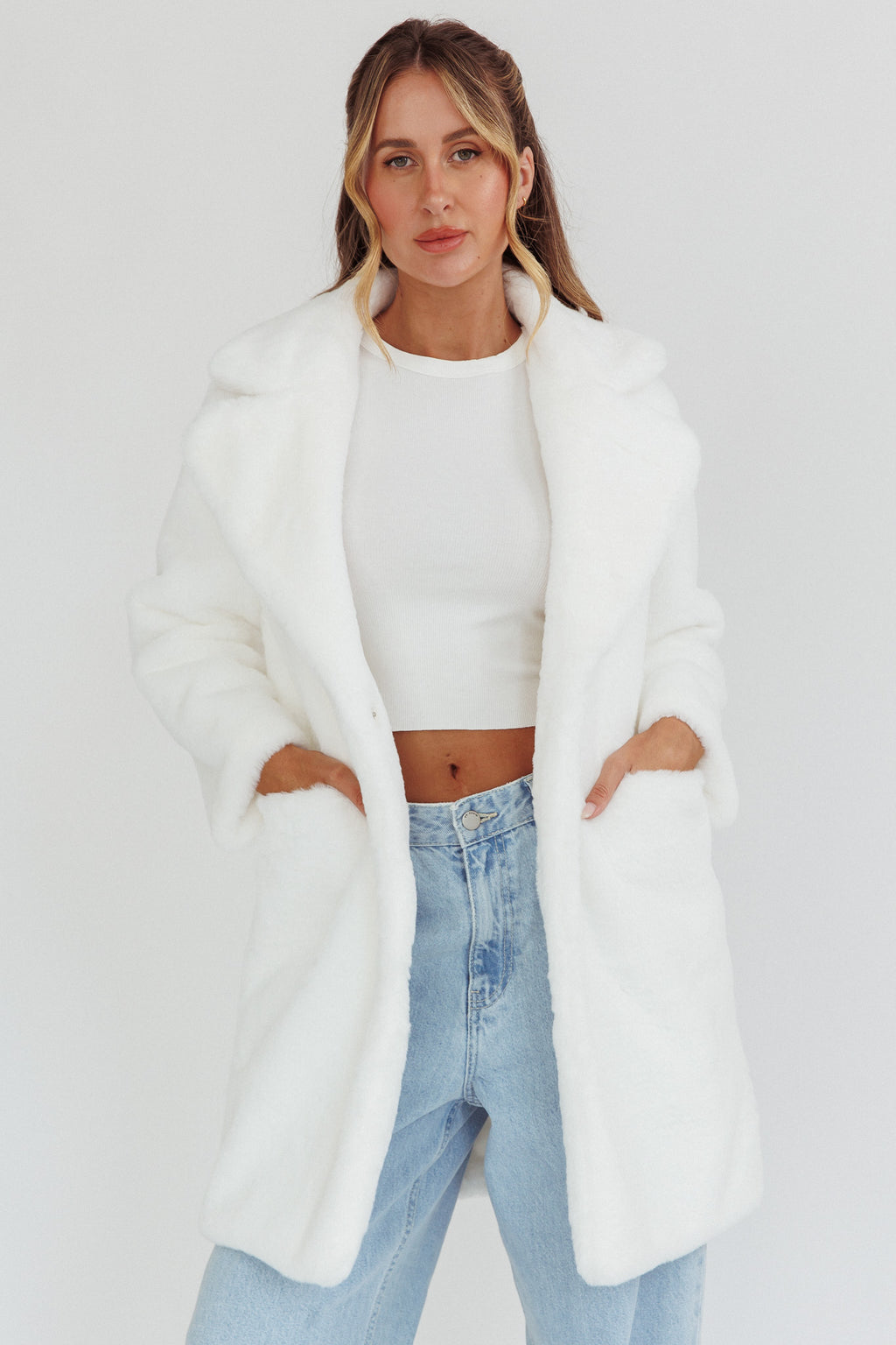 Perceptions Longline Faux Fur Coat White by Selfie Leslie Australia