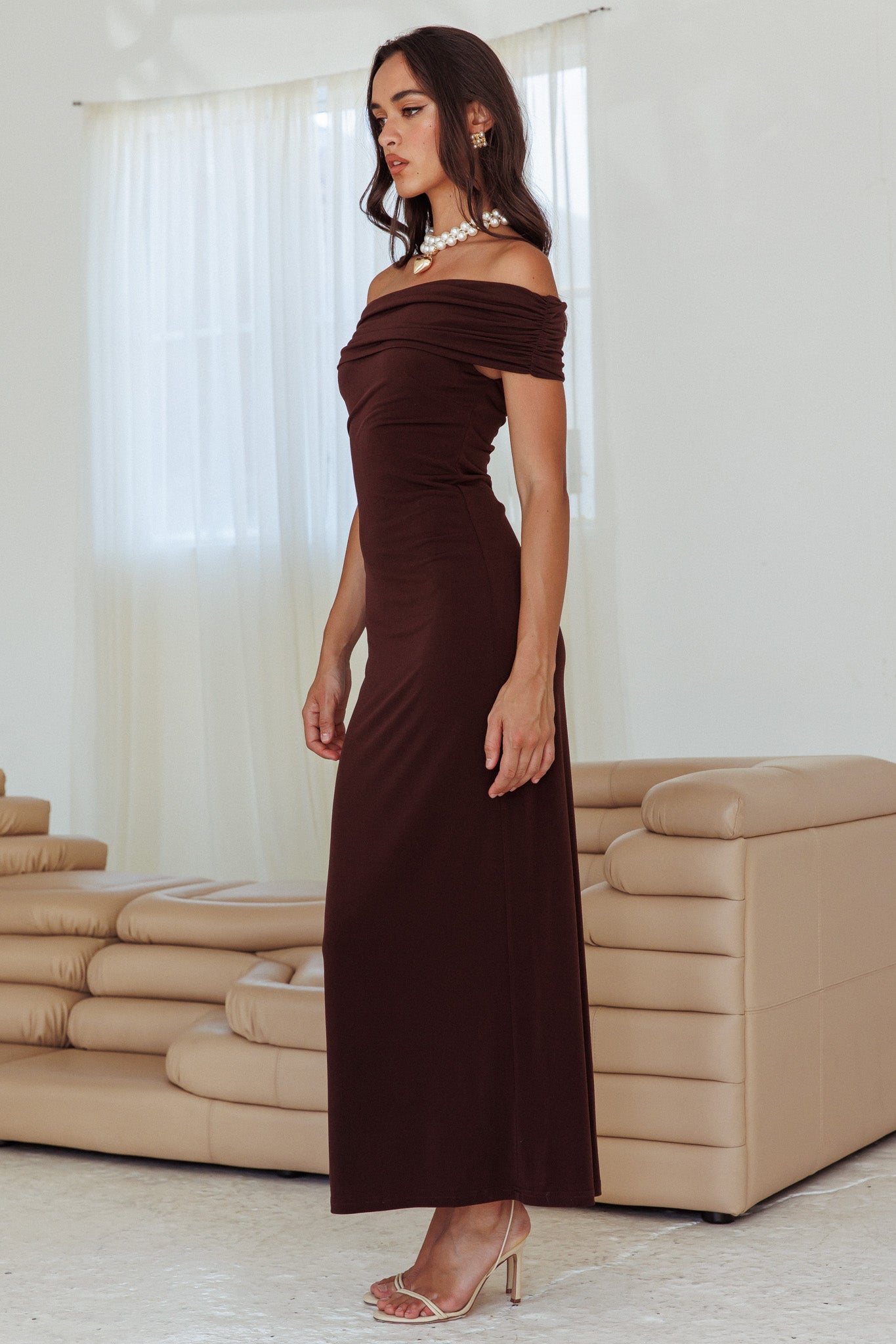 Cruising Sunset Off Shoulder Dress Chocolate by Selfie Leslie Australia