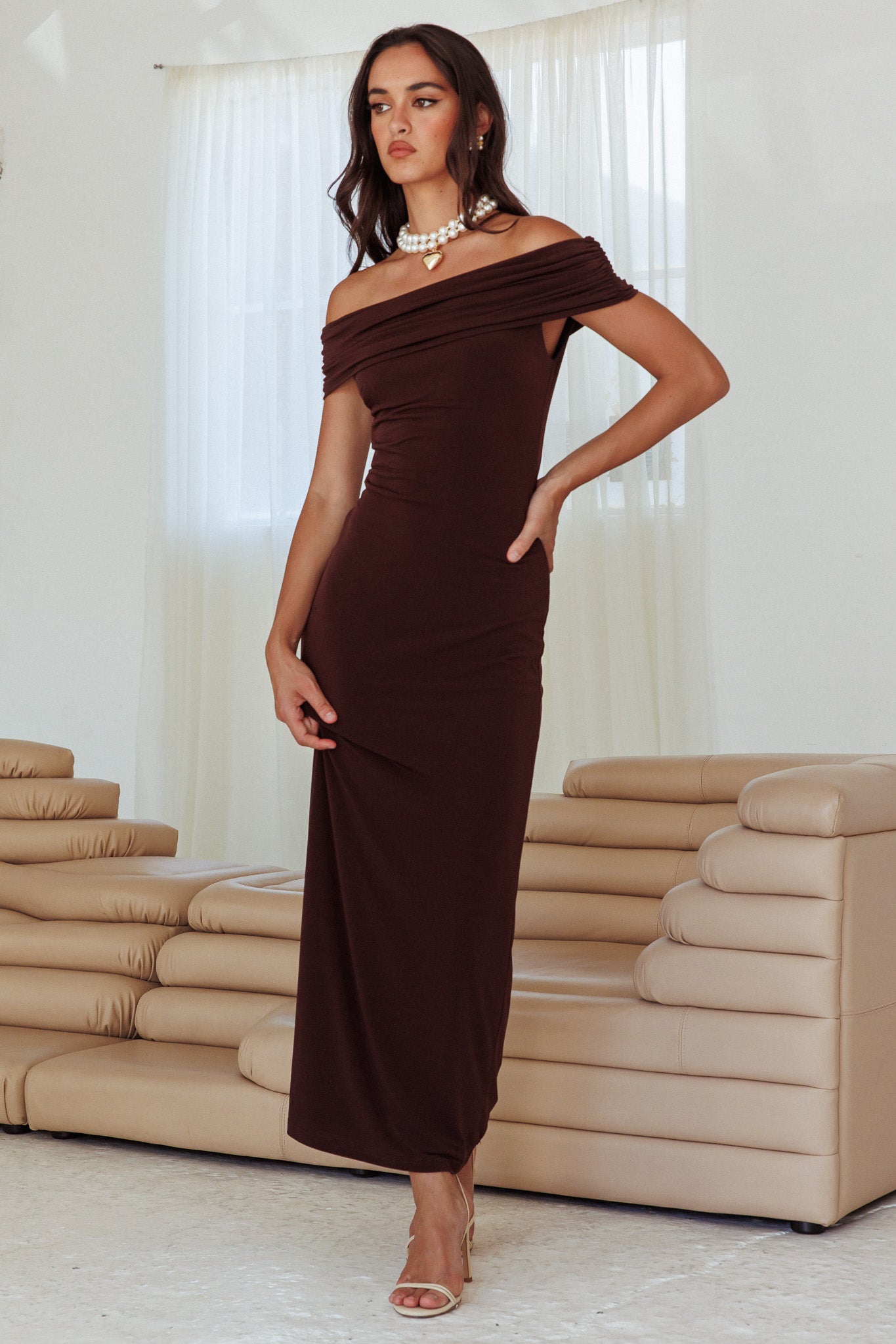 Cruising Sunset Off Shoulder Dress Chocolate by Selfie Leslie Australia