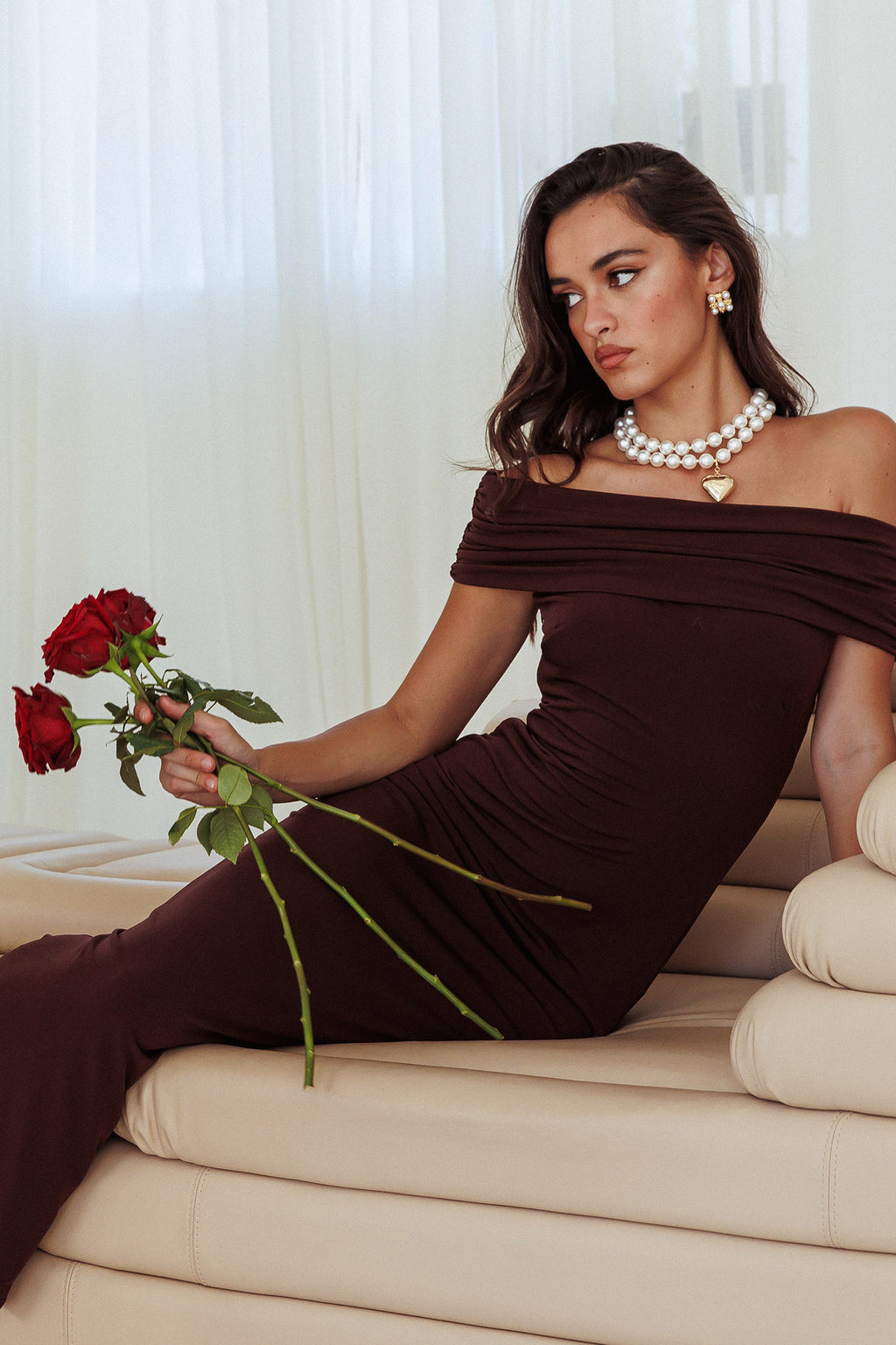 Cruising Sunset Off Shoulder Dress Chocolate by Selfie Leslie Australia