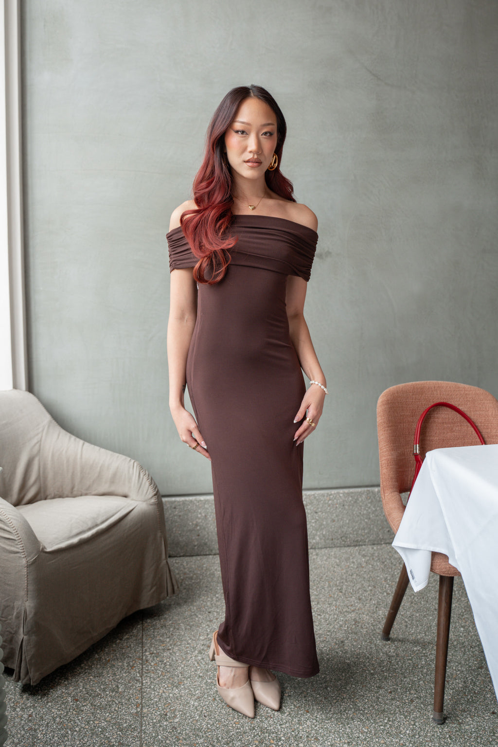 Cruising Sunset Off Shoulder Dress Chocolate by Selfie Leslie Australia