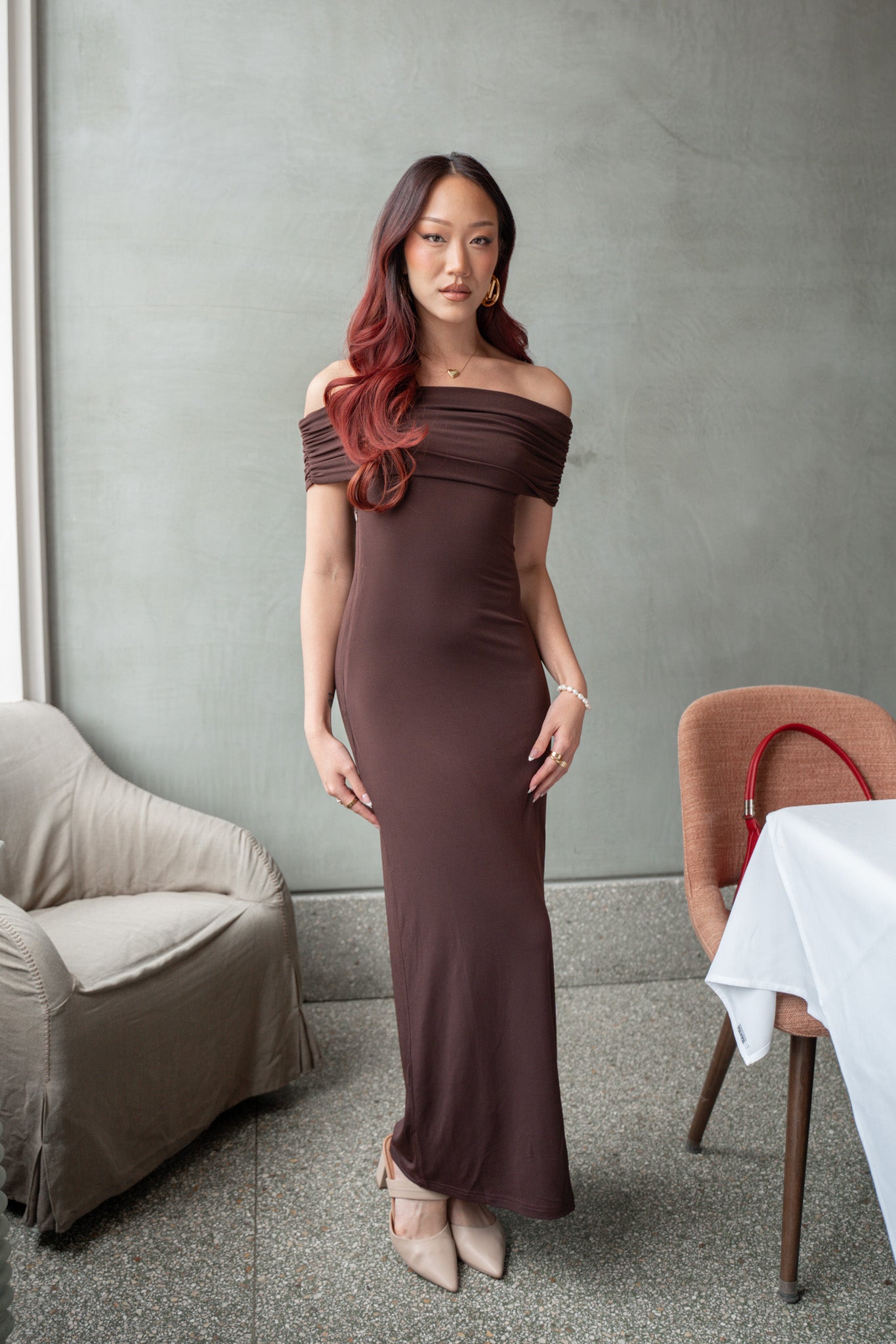 Cruising Sunset Off Shoulder Dress Chocolate– Selfie Leslie Australia