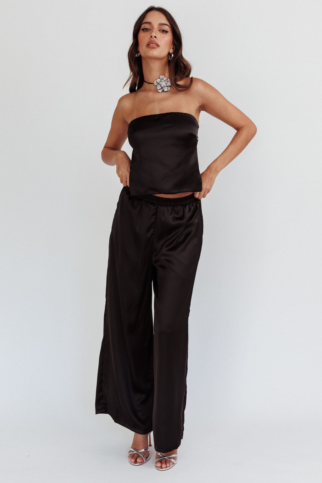Panama Beach Wide Leg Satin Pants Black by Selfie Leslie Australia