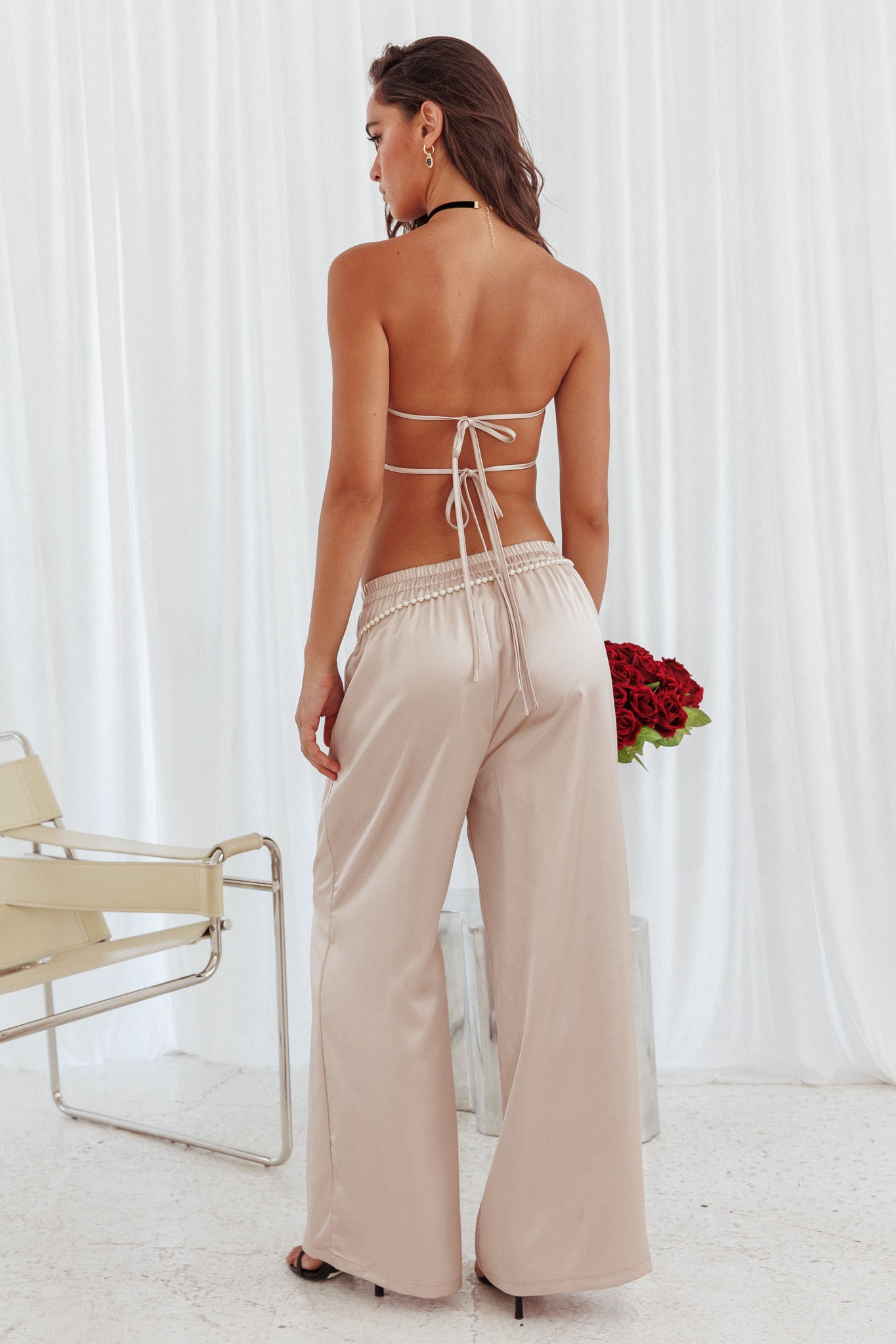 Panama Beach Wide Leg Satin Pants Stone by Selfie Leslie Australia