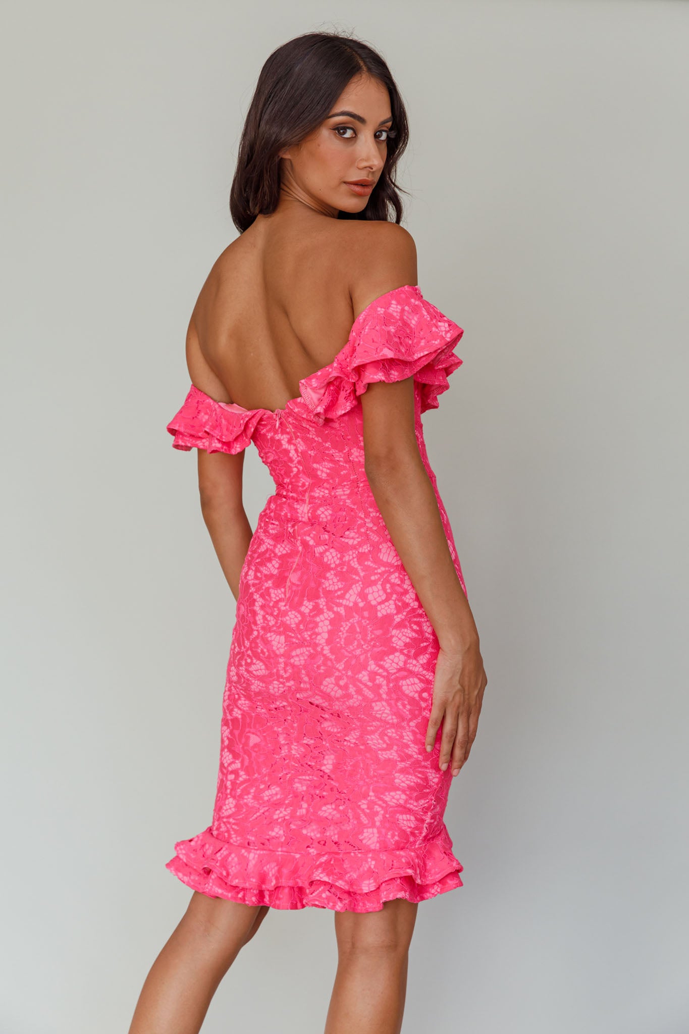 Rossi Off-Shoulder Double Ruffle Lace Dress Hot Pink by Selfie Leslie Australia