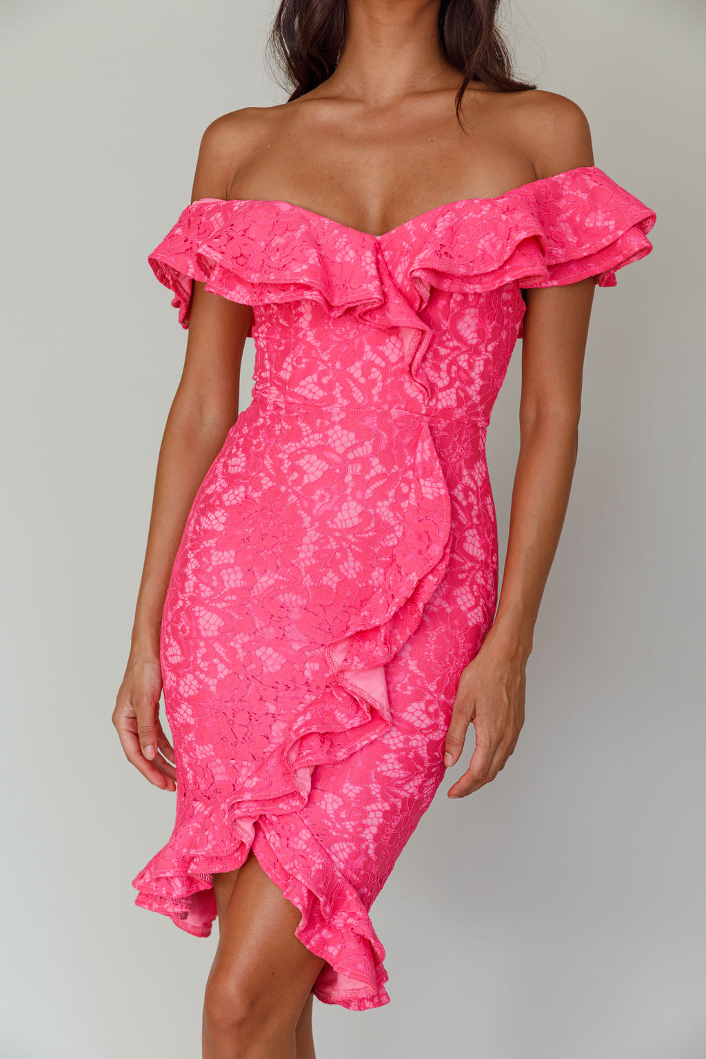 Rossi Off-Shoulder Double Ruffle Lace Dress Hot Pink by Selfie Leslie Australia