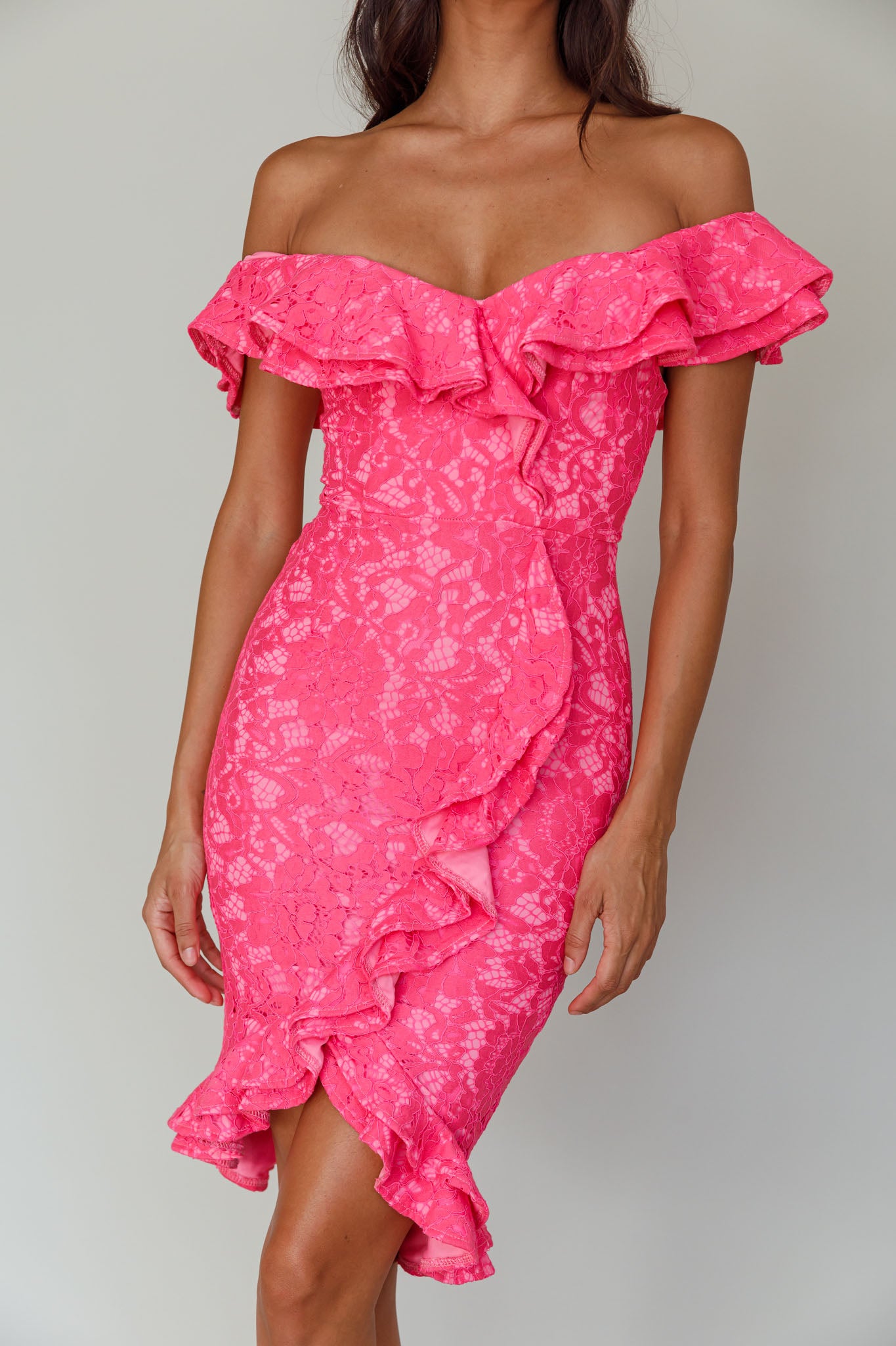Rossi Off-Shoulder Double Ruffle Lace Dress Hot Pink by Selfie Leslie Australia