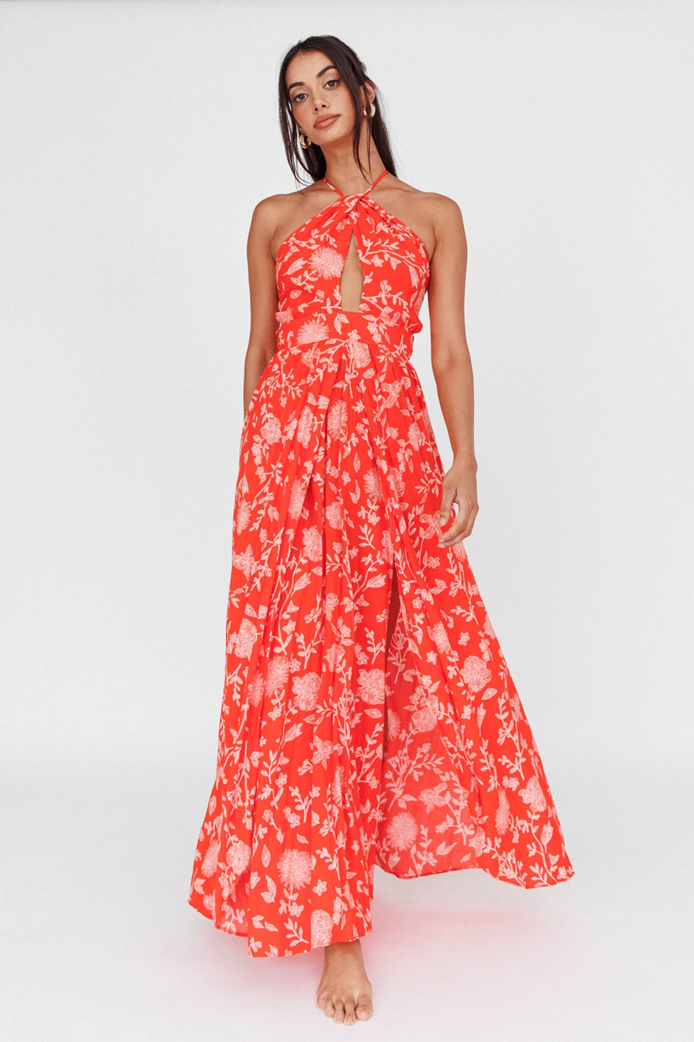 Athena High Split Maxi Dress Floral Print Red by Selfie Leslie Australia