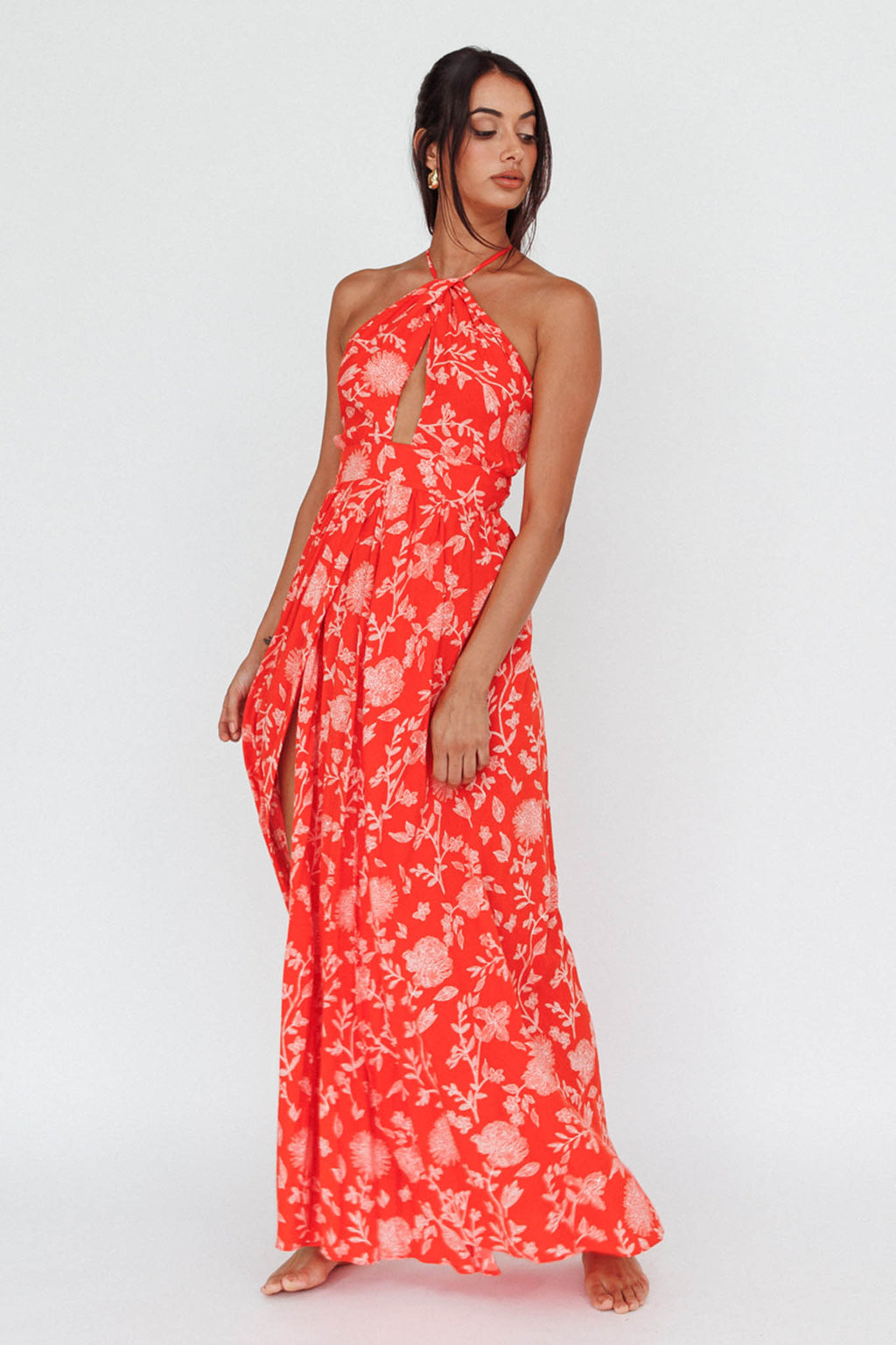 Athena High Split Maxi Dress Floral Print Red by Selfie Leslie Australia