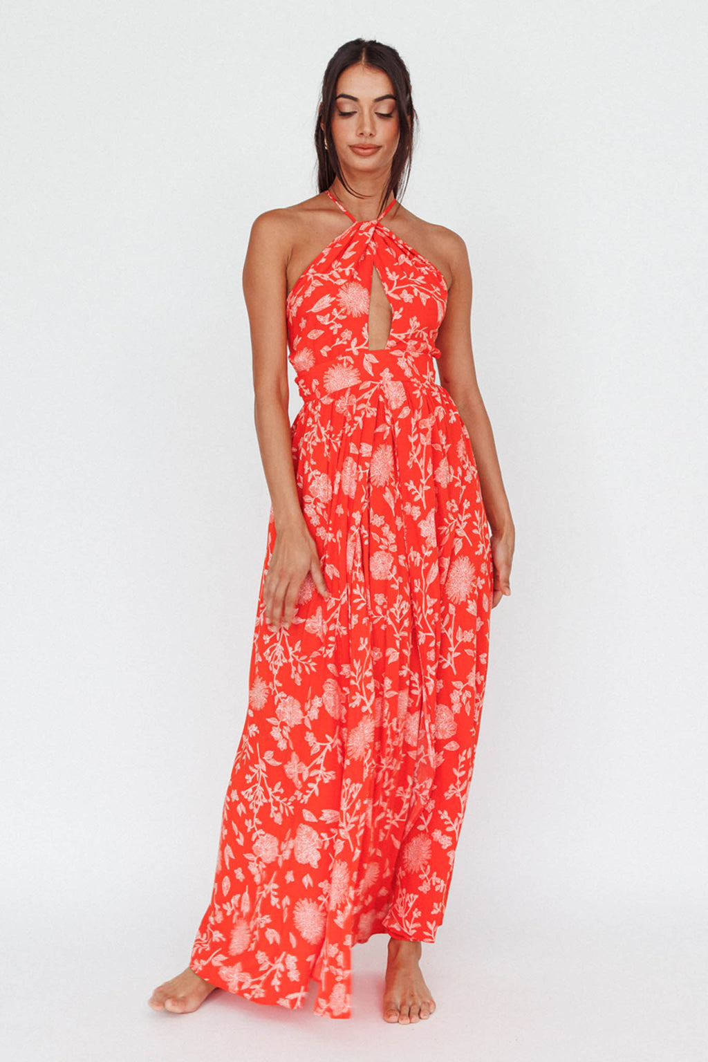 Athena High Split Maxi Dress Floral Print Red by Selfie Leslie Australia