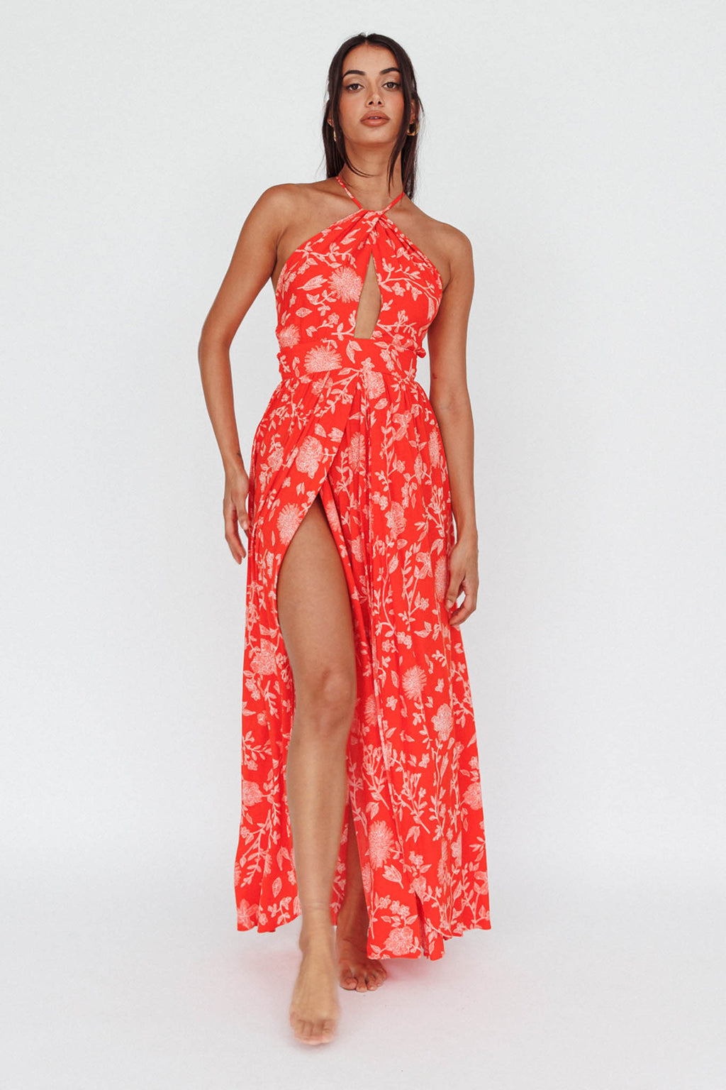 Athena High Split Maxi Dress Floral Print Red by Selfie Leslie Australia