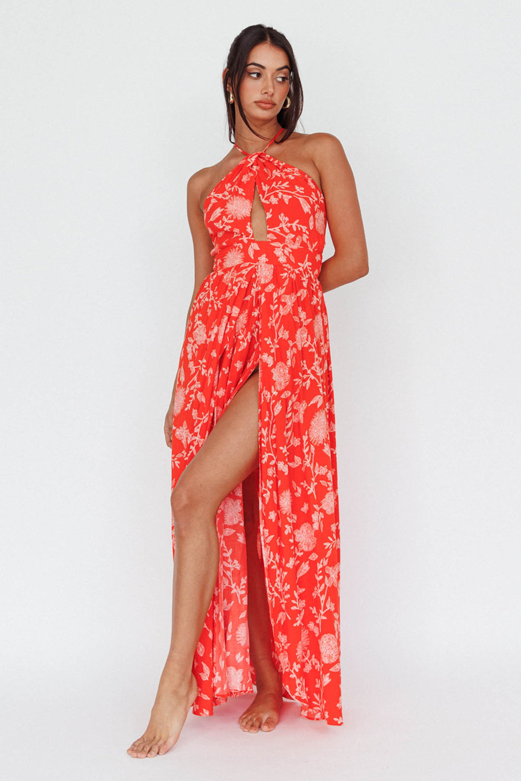 Athena High Split Maxi Dress Floral Print Red by Selfie Leslie Australia