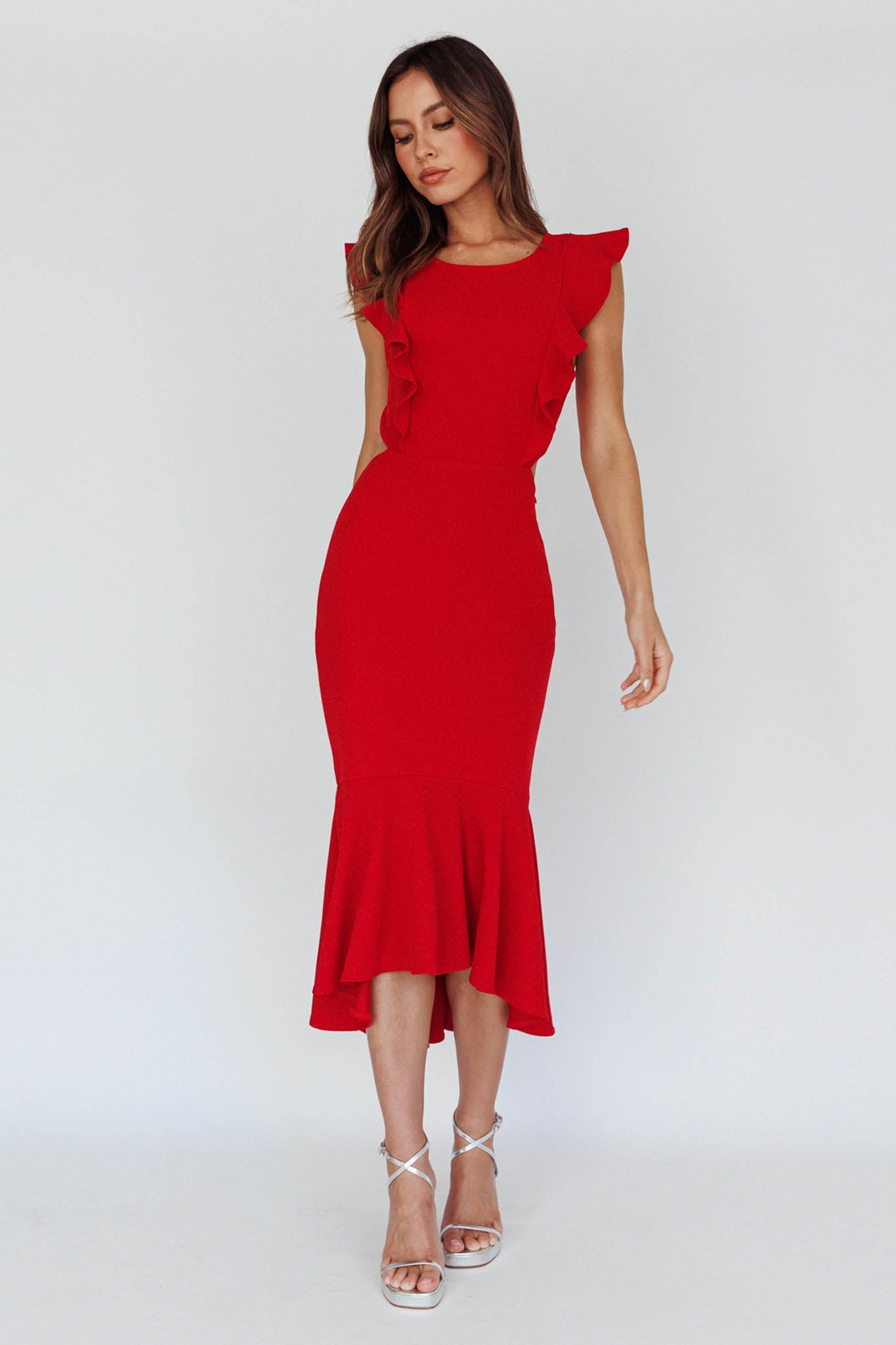 Jackie Wide Ruffle Hem Pinafore Midi Dress Red by Selfie Leslie Australia
