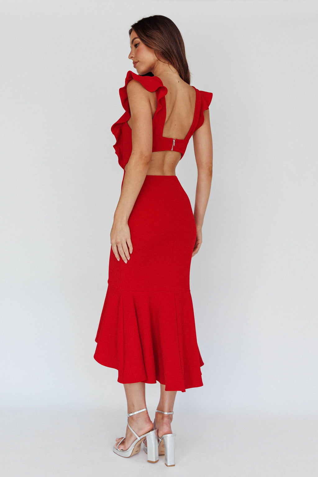 Jackie Wide Ruffle Hem Pinafore Midi Dress Red by Selfie Leslie Australia