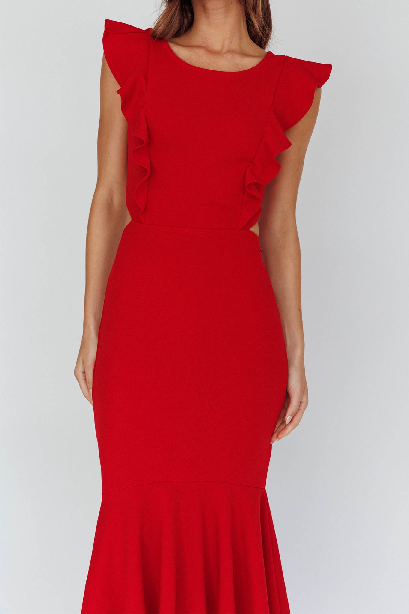 Jackie Wide Ruffle Hem Pinafore Midi Dress Red by Selfie Leslie Australia