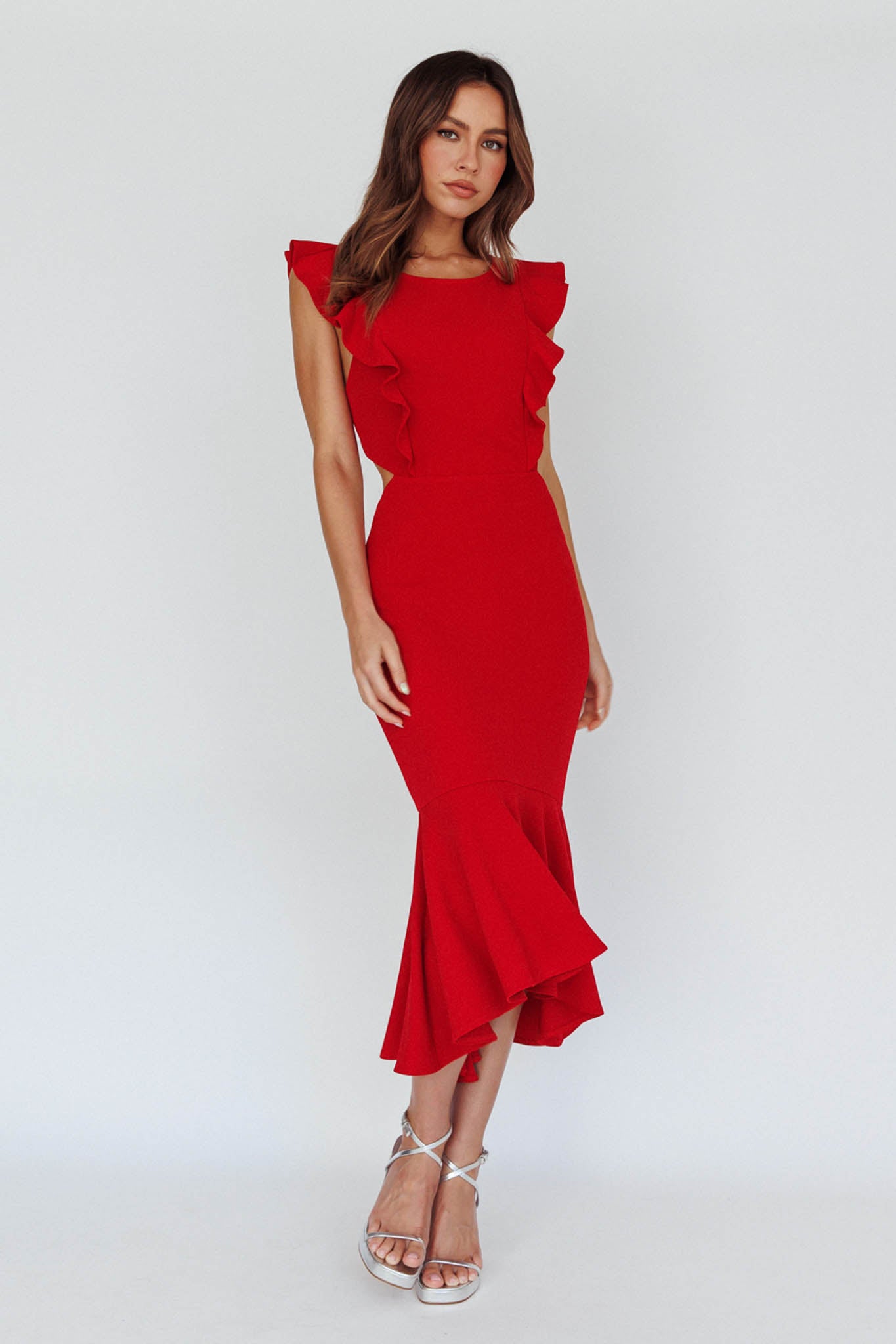 Jackie Wide Ruffle Hem Pinafore Midi Dress Red by Selfie Leslie Australia