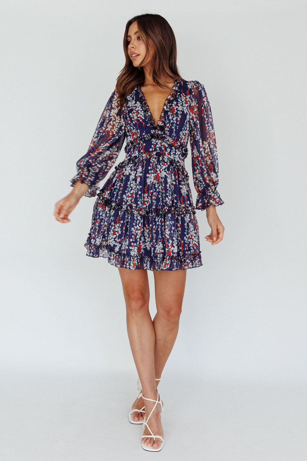 Laney Cutout Back Ruffle Detail Floral Dress Navy by Selfie Leslie Australia