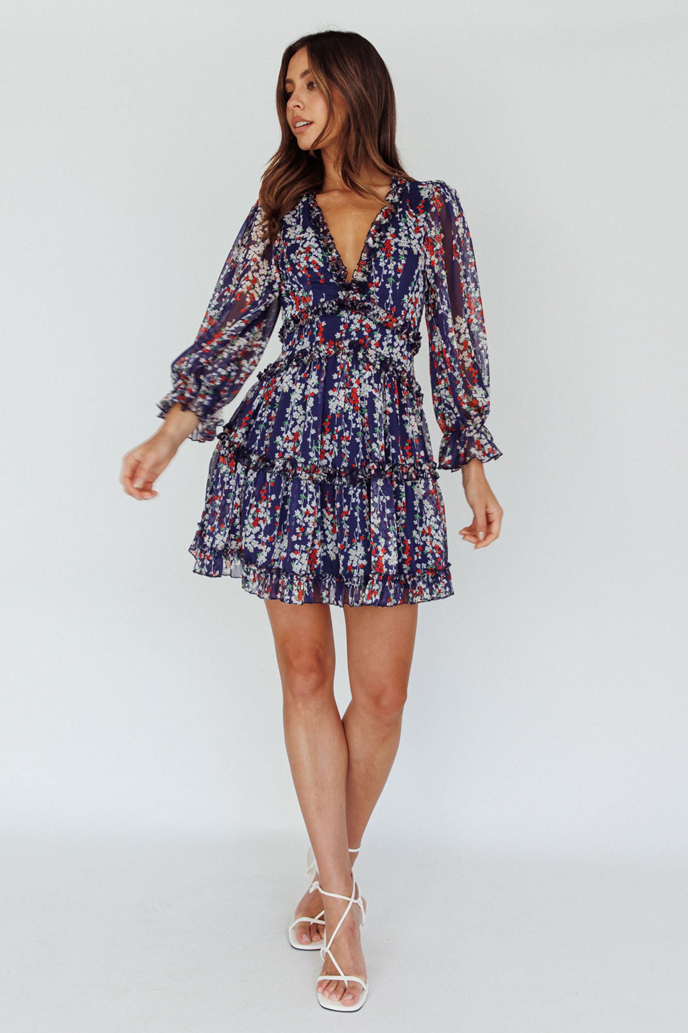 Laney Cutout Back Ruffle Detail Floral Dress Navy by Selfie Leslie Australia