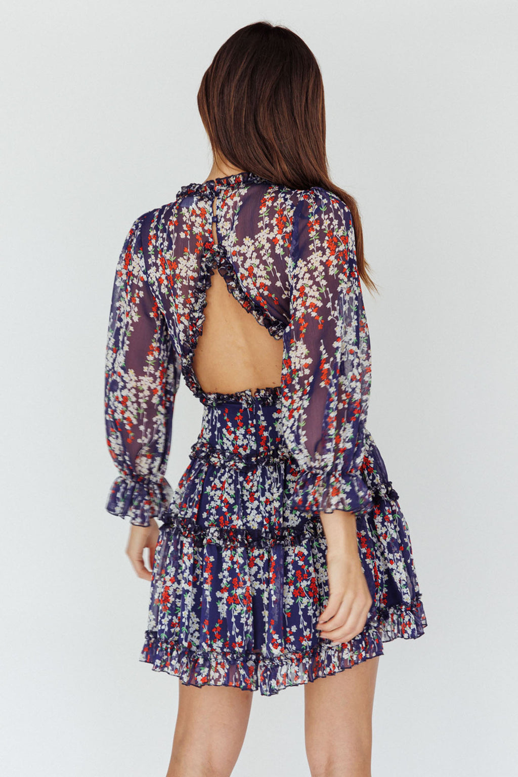 Laney Cutout Back Ruffle Detail Floral Dress Navy by Selfie Leslie Australia