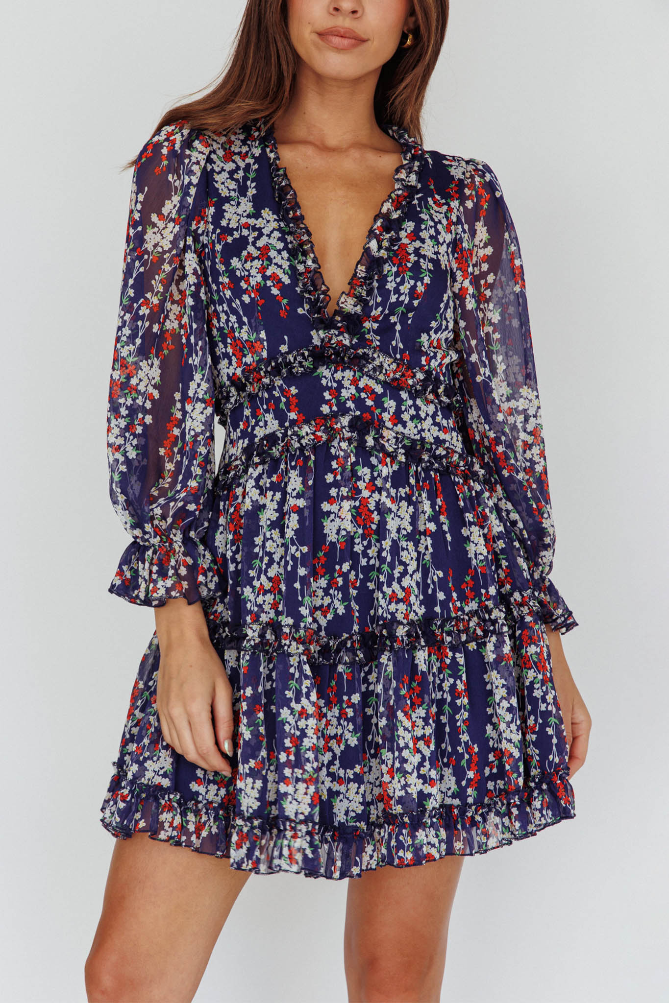 Laney Cutout Back Ruffle Detail Floral Dress Navy by Selfie Leslie Australia