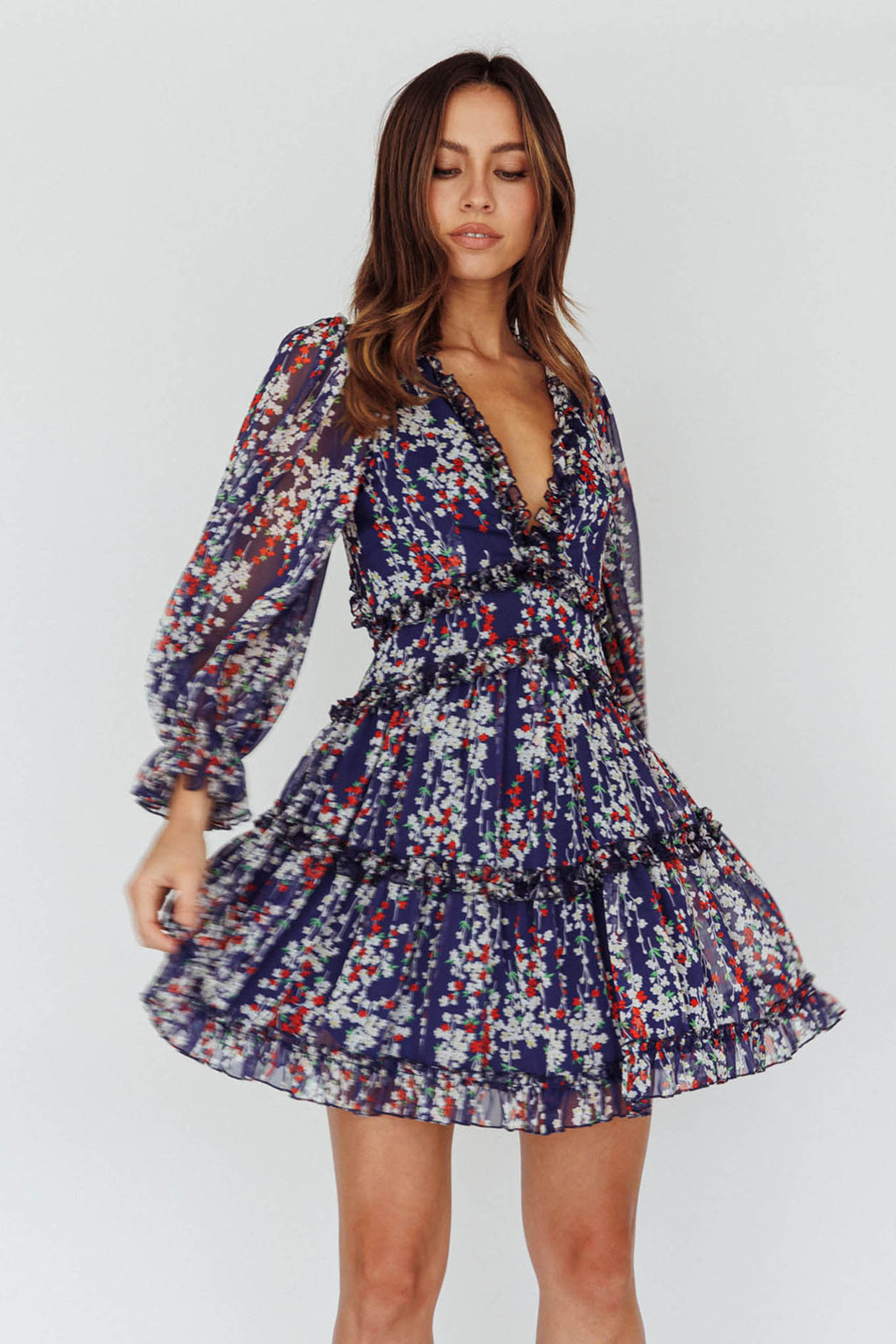 Laney Cutout Back Ruffle Detail Floral Dress Navy by Selfie Leslie Australia