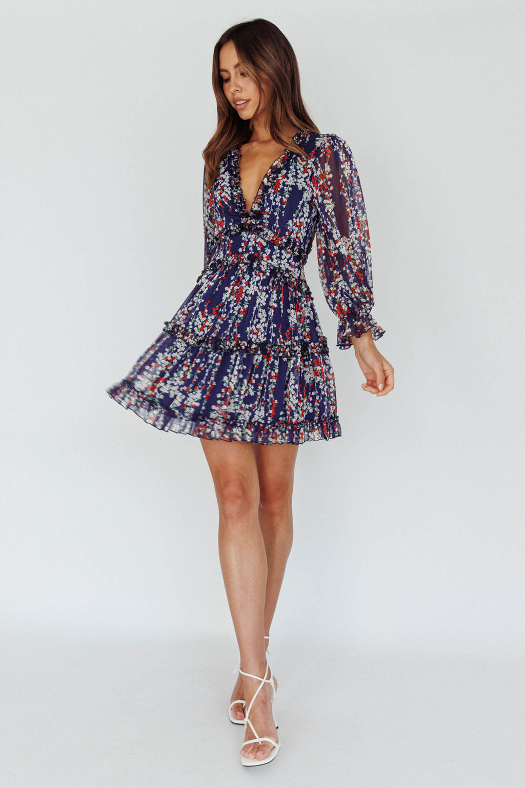 Laney Cutout Back Ruffle Detail Floral Dress Navy by Selfie Leslie Australia