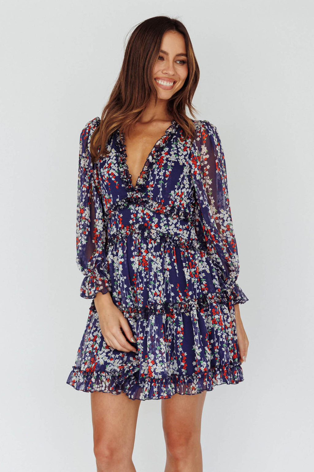 Laney Cutout Back Ruffle Detail Floral Dress Navy by Selfie Leslie Australia
