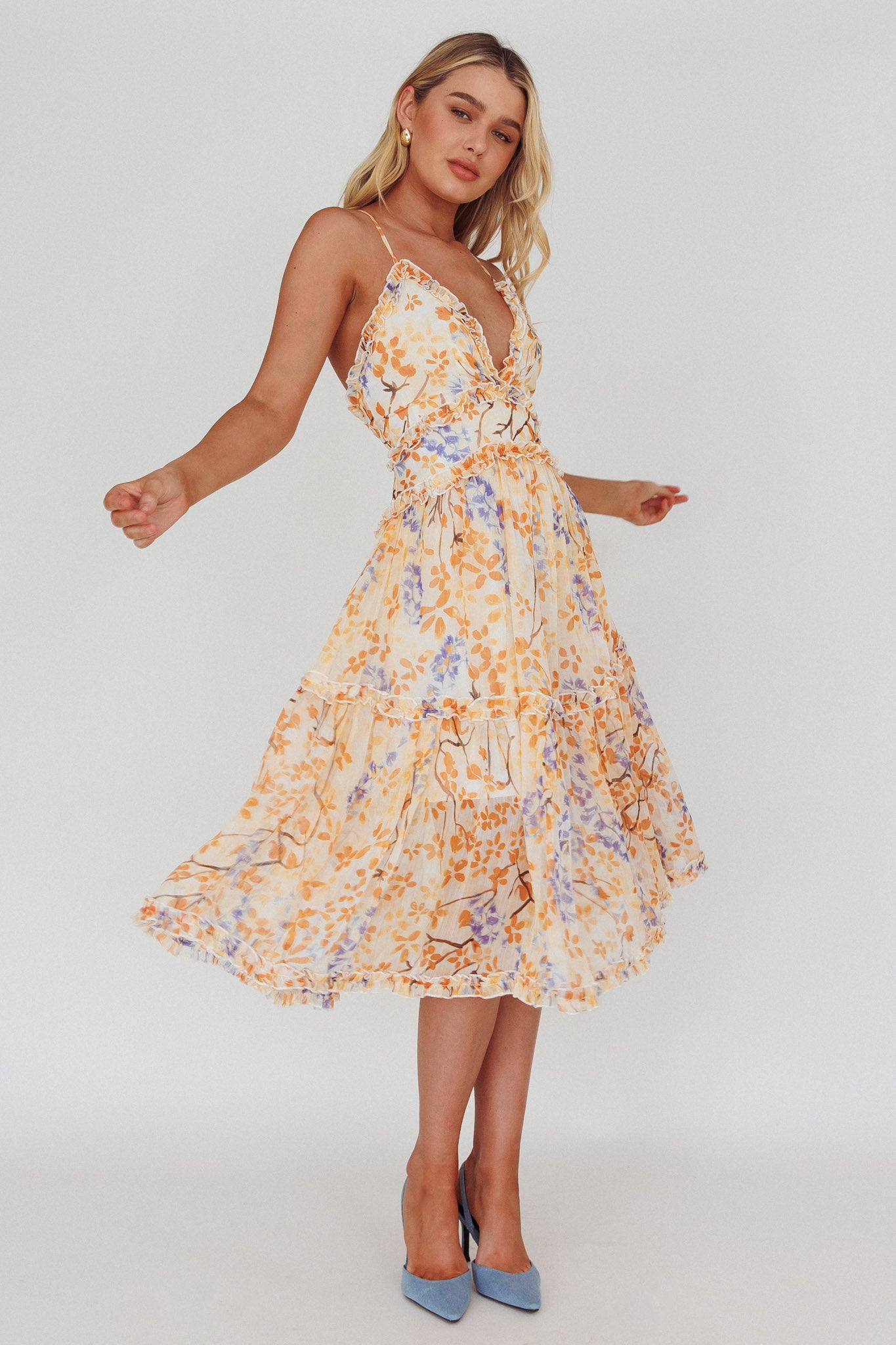 Laney Low Back Cami Strap Midi Dress Floral Orange by Selfie Leslie Australia