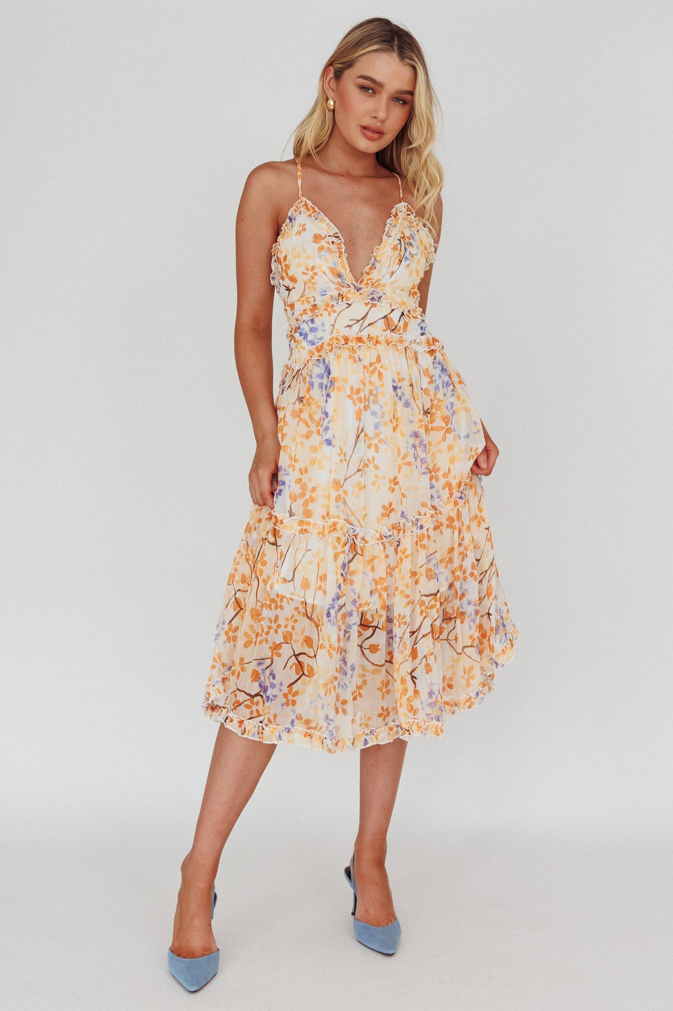 Laney Low Back Cami Strap Midi Dress Floral Orange by Selfie Leslie Australia