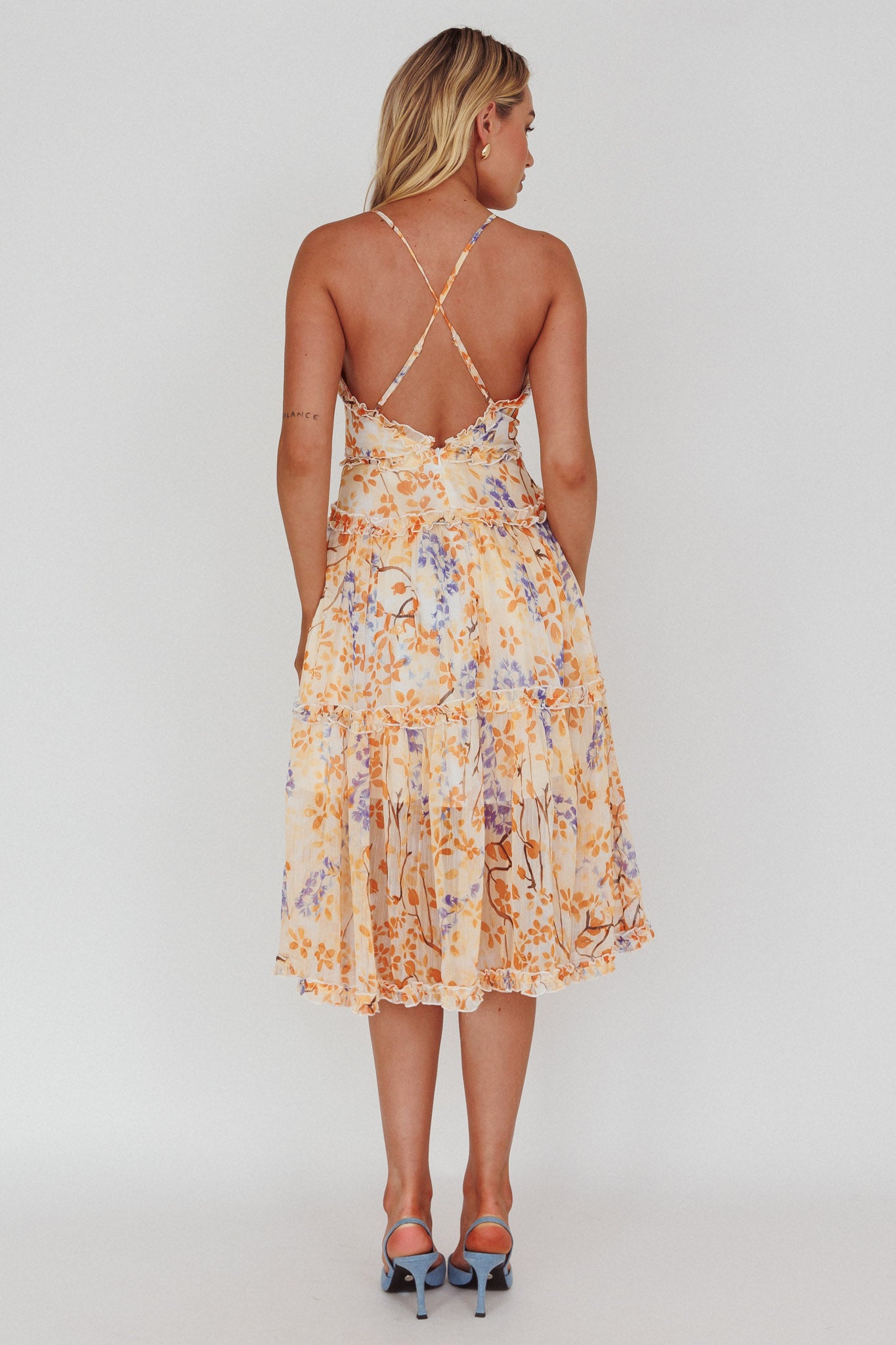 Laney Low Back Cami Strap Midi Dress Floral Orange by Selfie Leslie Australia