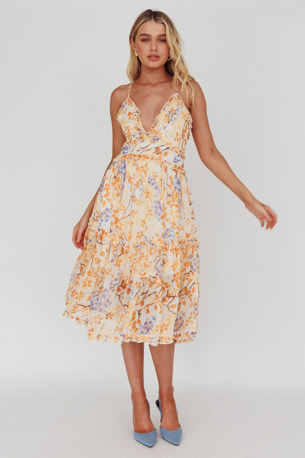 Laney Low Back Cami Strap Midi Dress Floral Orange by Selfie Leslie Australia