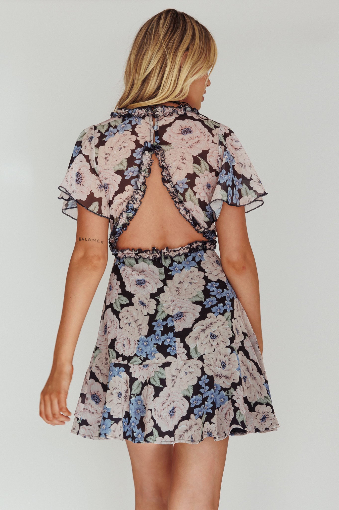 Laney Angel Sleeve Ruffle Dress Floral Blue by Selfie Leslie Australia