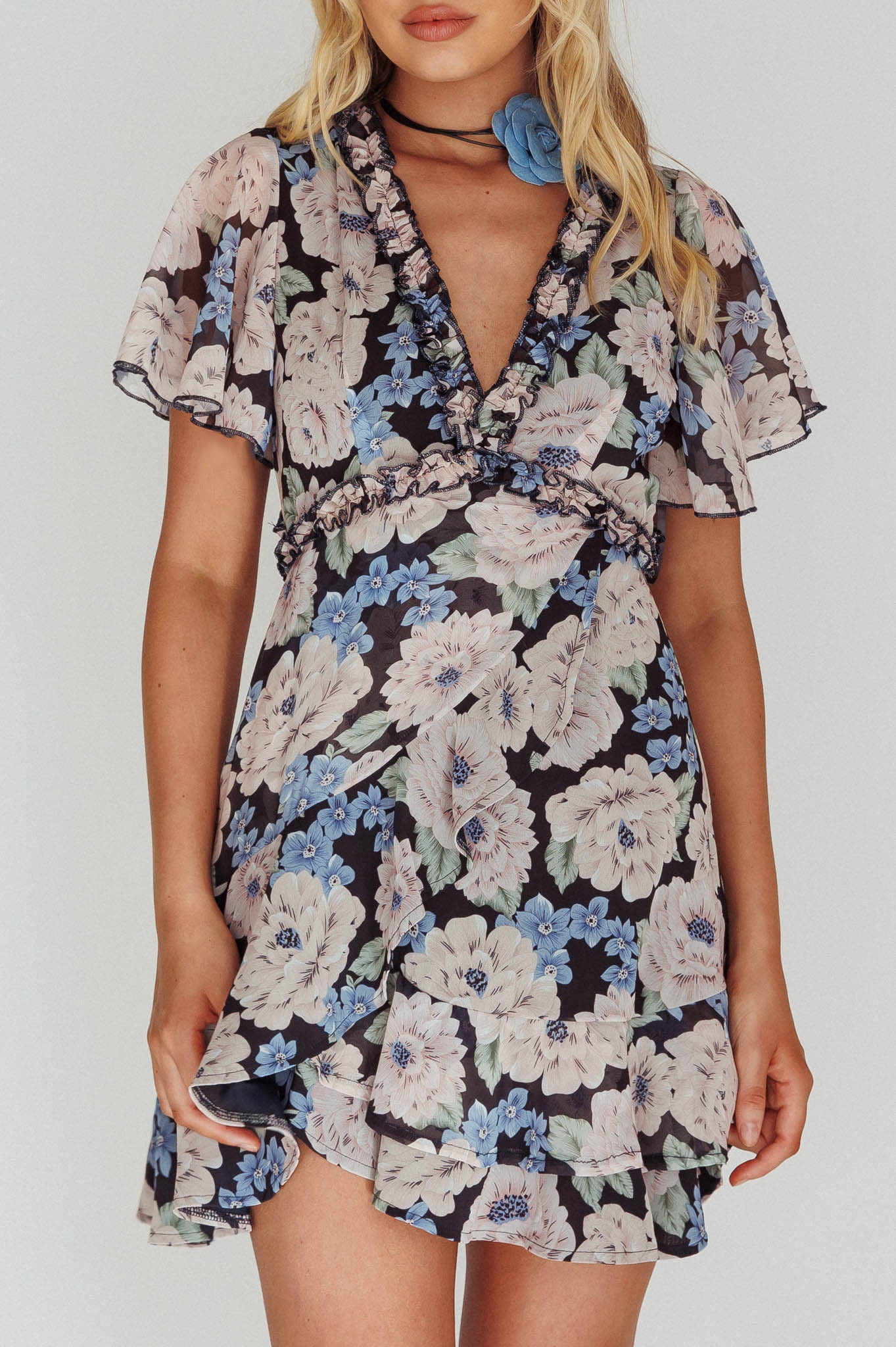 Laney Angel Sleeve Ruffle Dress Floral Blue by Selfie Leslie Australia