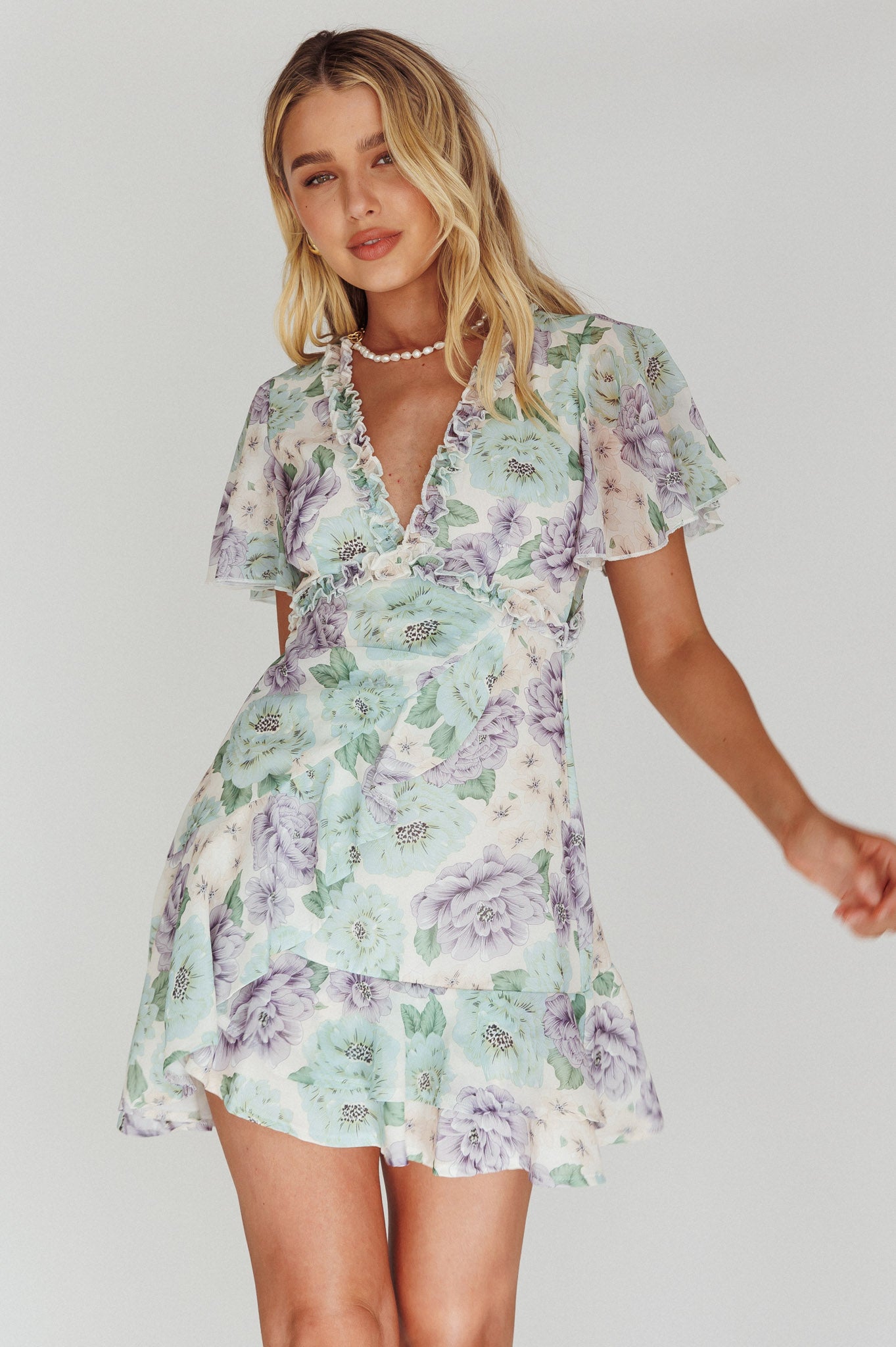 Laney Angel Sleeve Ruffle Dress Floral White by Selfie Leslie Australia