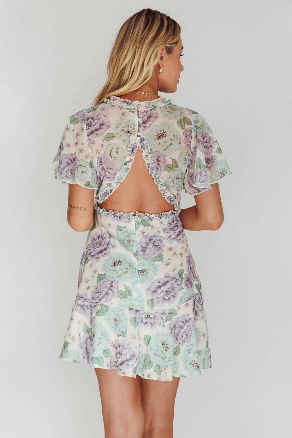 Laney Angel Sleeve Ruffle Dress Floral White by Selfie Leslie Australia