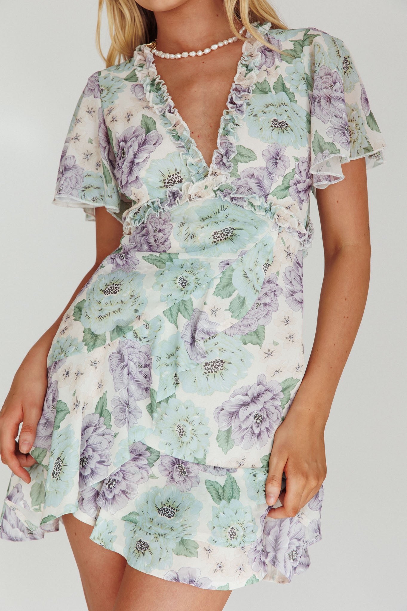 Laney Angel Sleeve Ruffle Dress Floral White by Selfie Leslie Australia