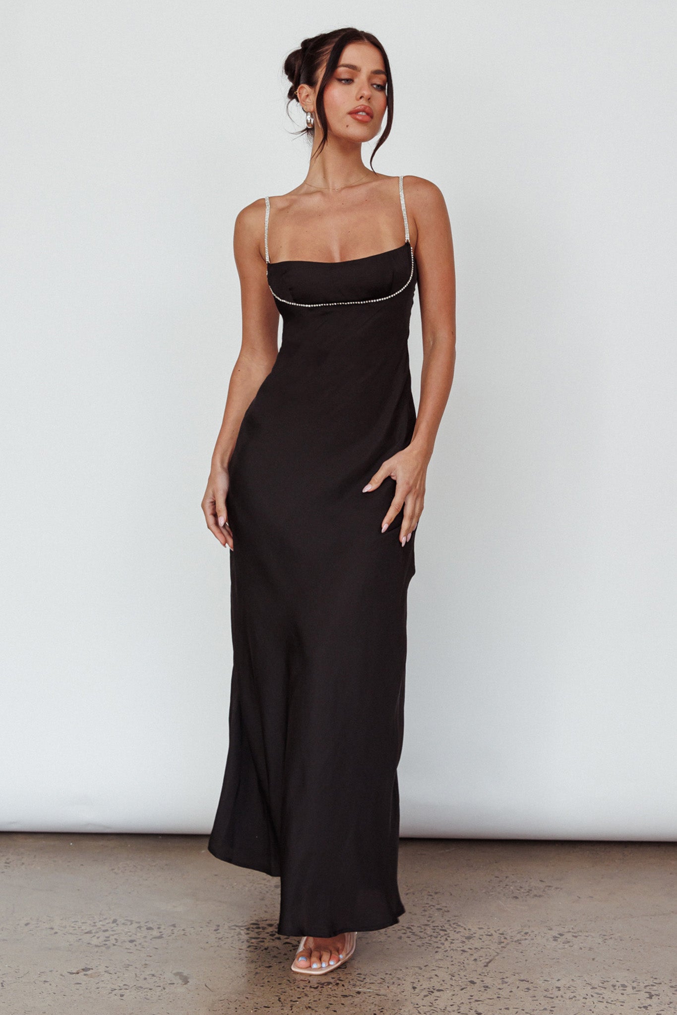 long diamante dress Linka Diamante Strap Maxi Dress Black