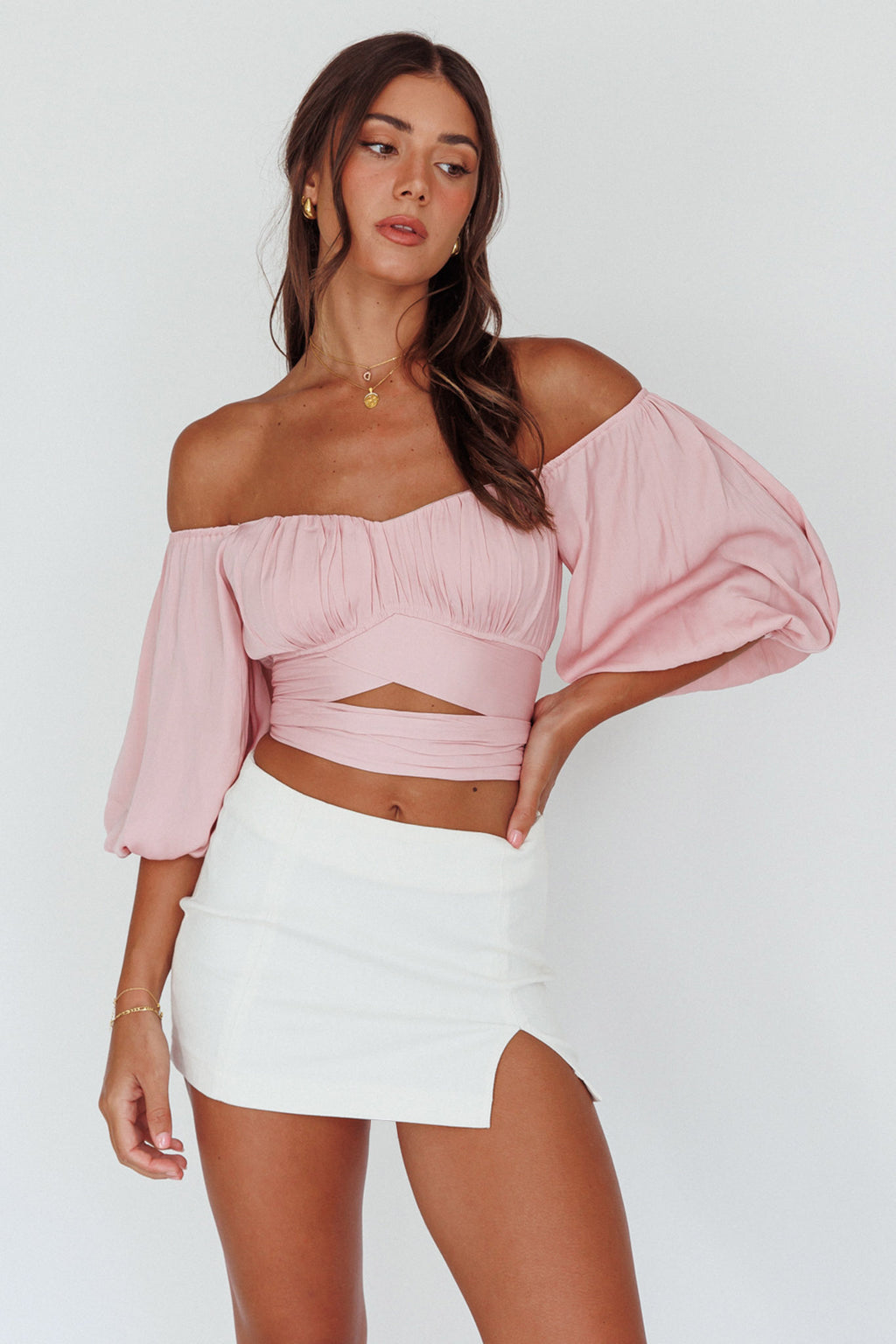 Linka Off-Shoulder Half Sleeve Tie-Back Crop Top Blush by Selfie Leslie Australia