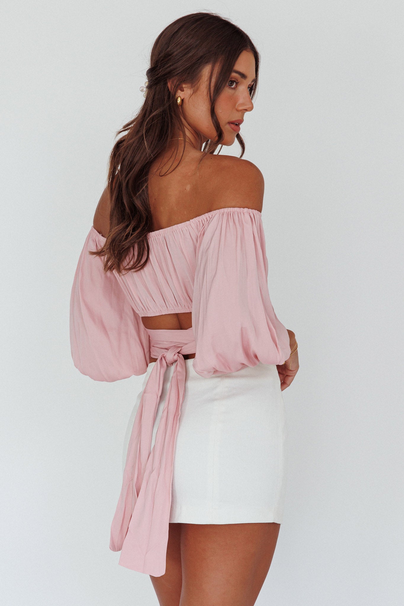 Linka Off-Shoulder Half Sleeve Tie-Back Crop Top Blush by Selfie Leslie Australia