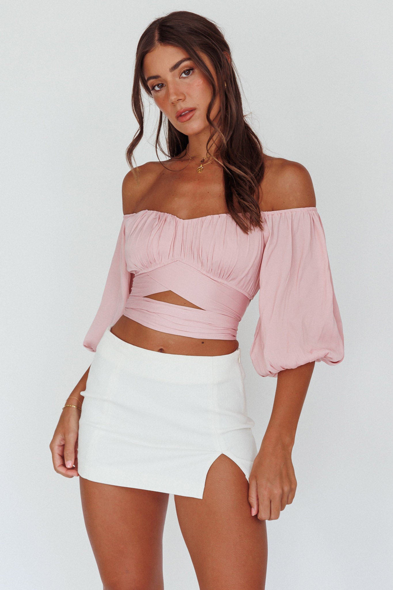 Linka Off-Shoulder Half Sleeve Tie-Back Crop Top Blush by Selfie Leslie Australia