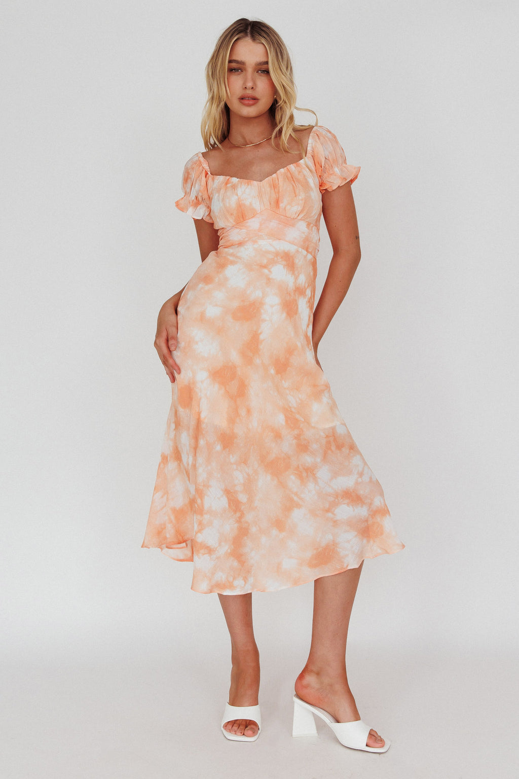 Linka Puff Sleeve Midi Dress Tie-Dye Orange by Selfie Leslie Australia