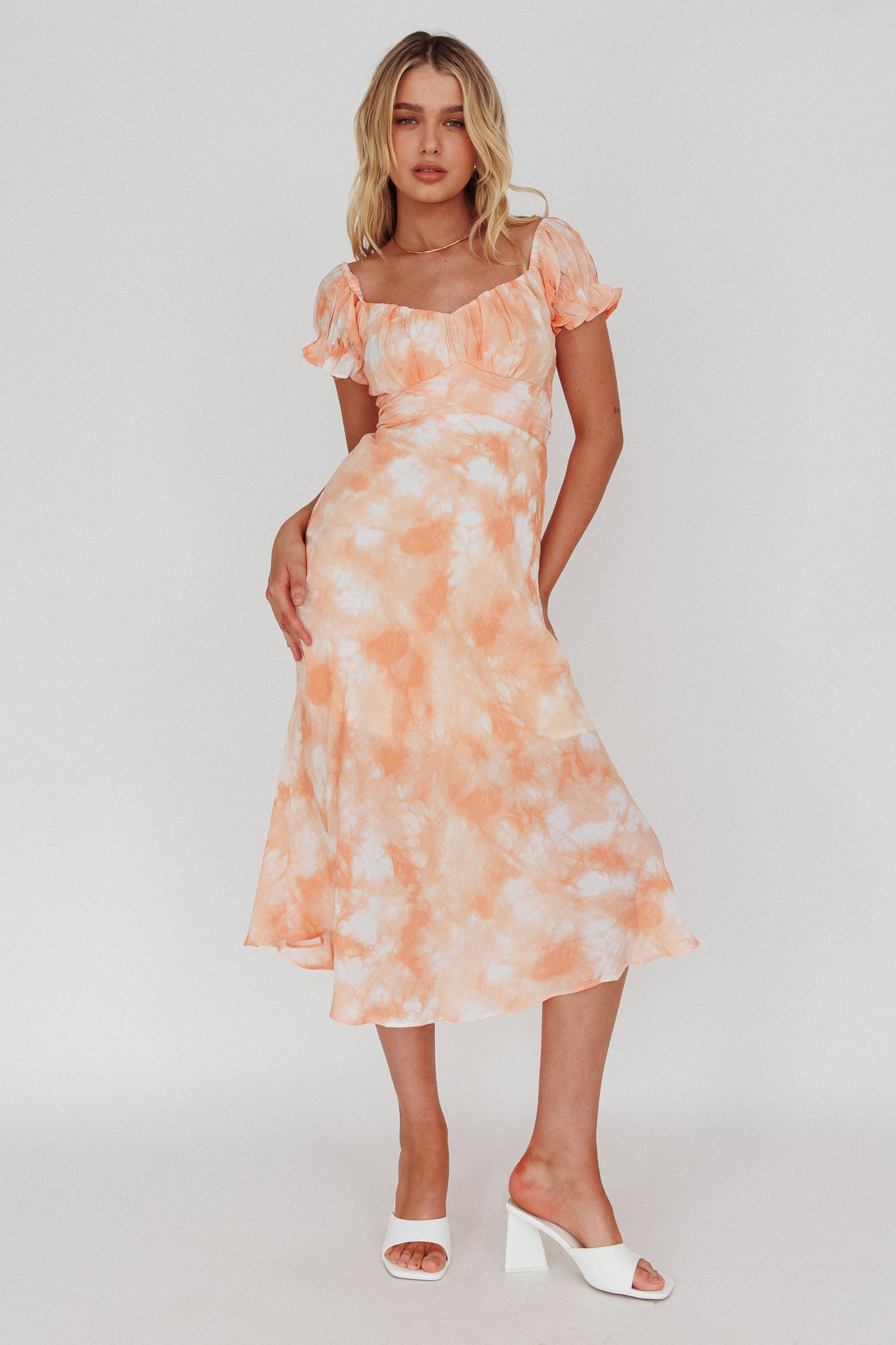 Linka Puff Sleeve Midi Dress Tie-Dye Orange by Selfie Leslie Australia