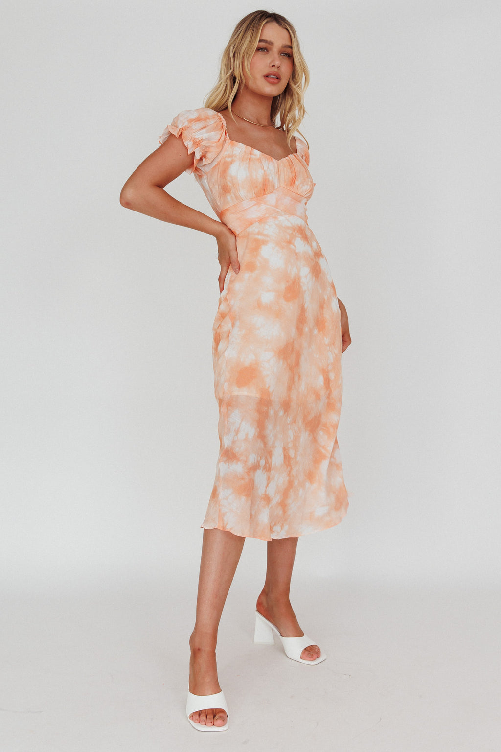 Linka Puff Sleeve Midi Dress Tie-Dye Orange by Selfie Leslie Australia