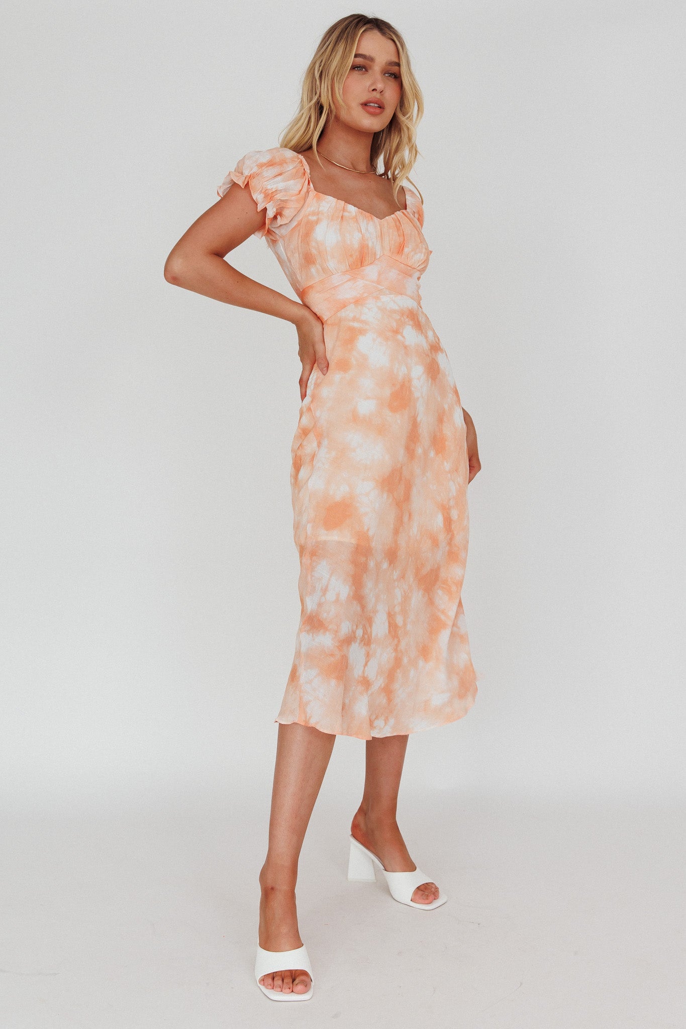 Linka Puff Sleeve Midi Dress Tie-Dye Orange by Selfie Leslie Australia