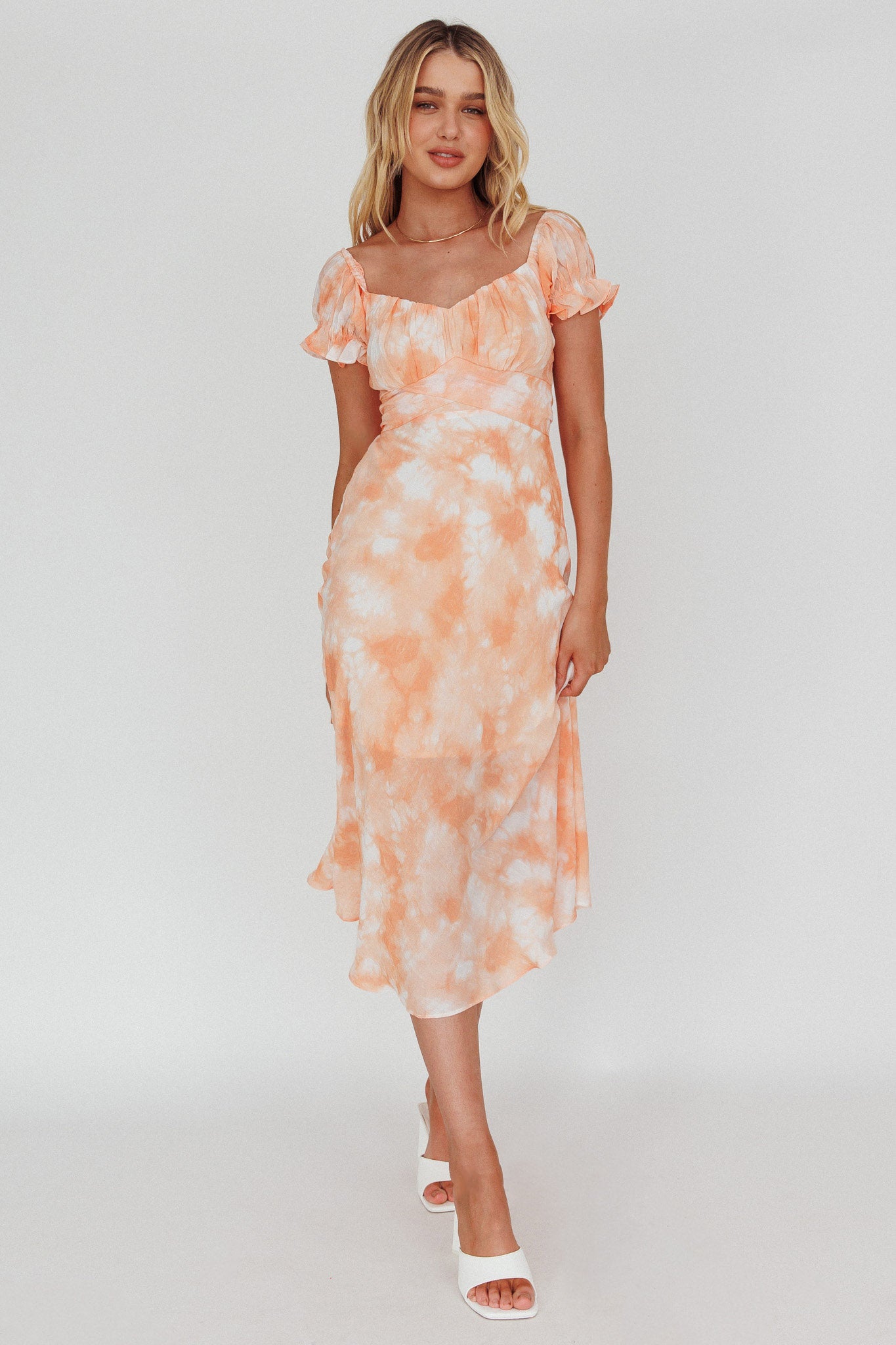 Linka Puff Sleeve Midi Dress Tie-Dye Orange by Selfie Leslie Australia