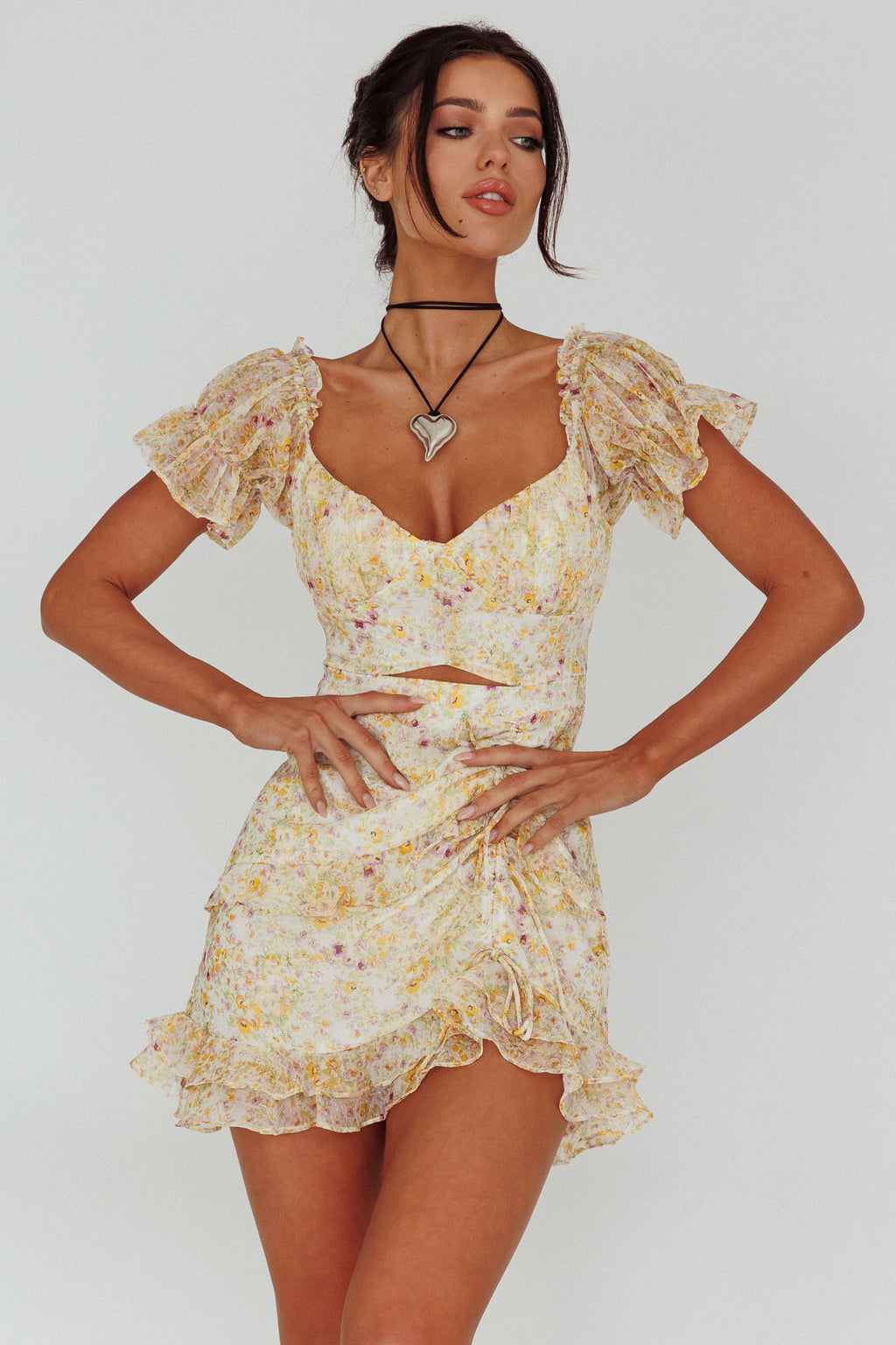 Linka Drawstring Detail Frill Dress Floral Beige by Selfie Leslie Australia