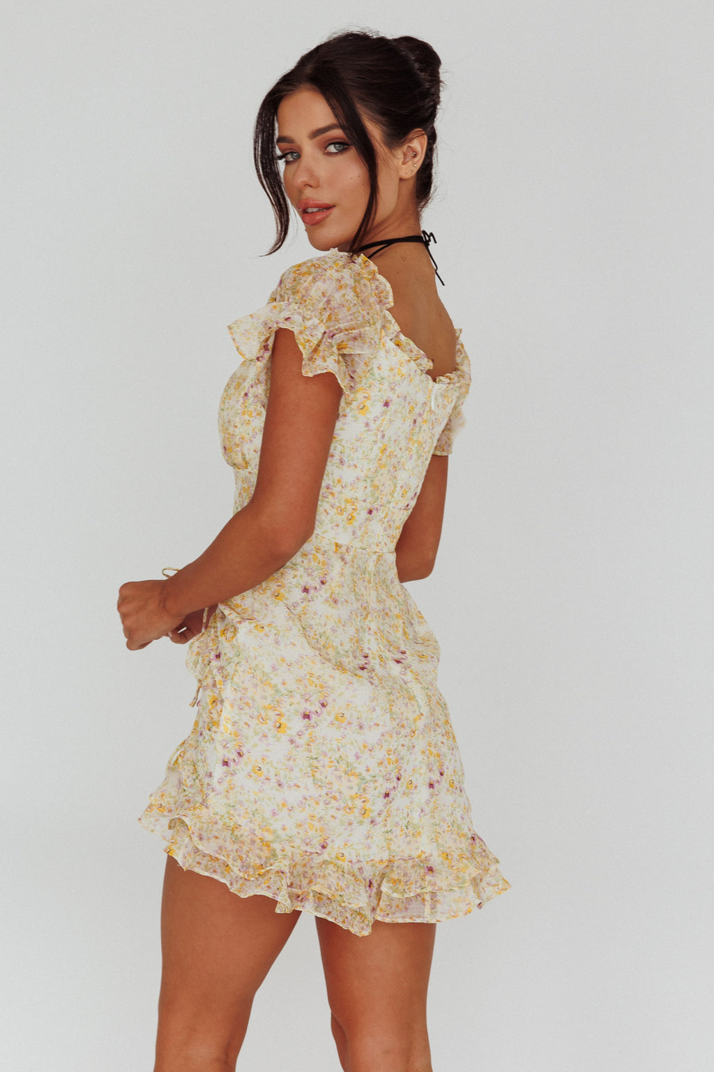 Linka Drawstring Detail Frill Dress Floral Beige by Selfie Leslie Australia