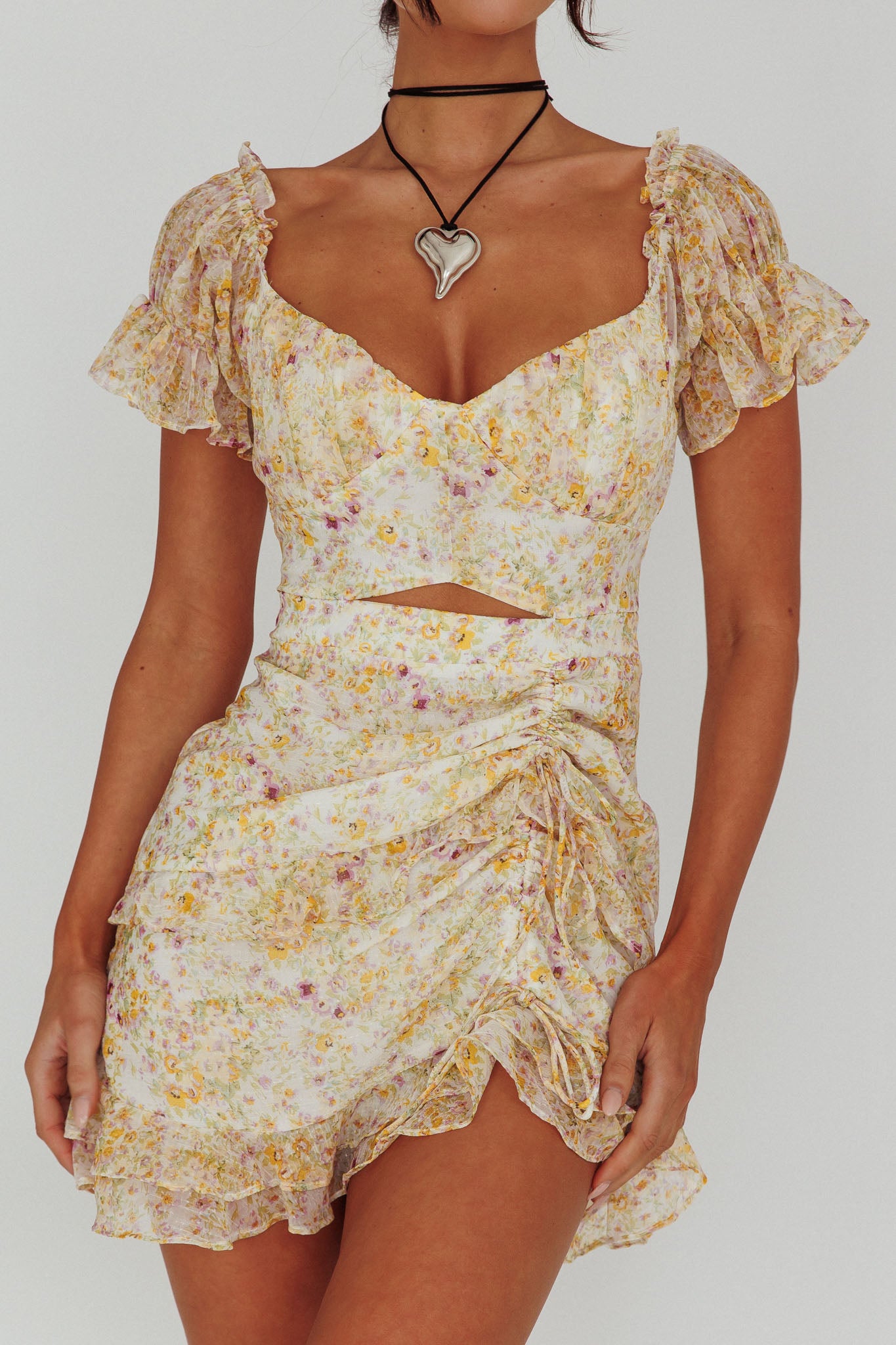 Linka Drawstring Detail Frill Dress Floral Beige by Selfie Leslie Australia