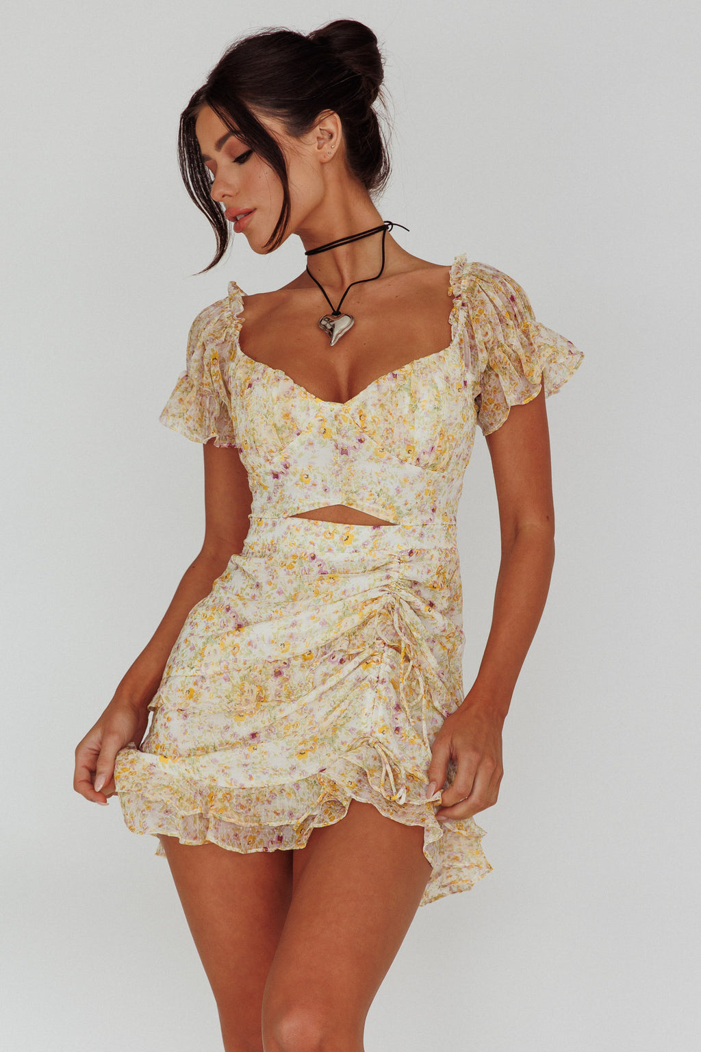 Linka Drawstring Detail Frill Dress Floral Beige by Selfie Leslie Australia