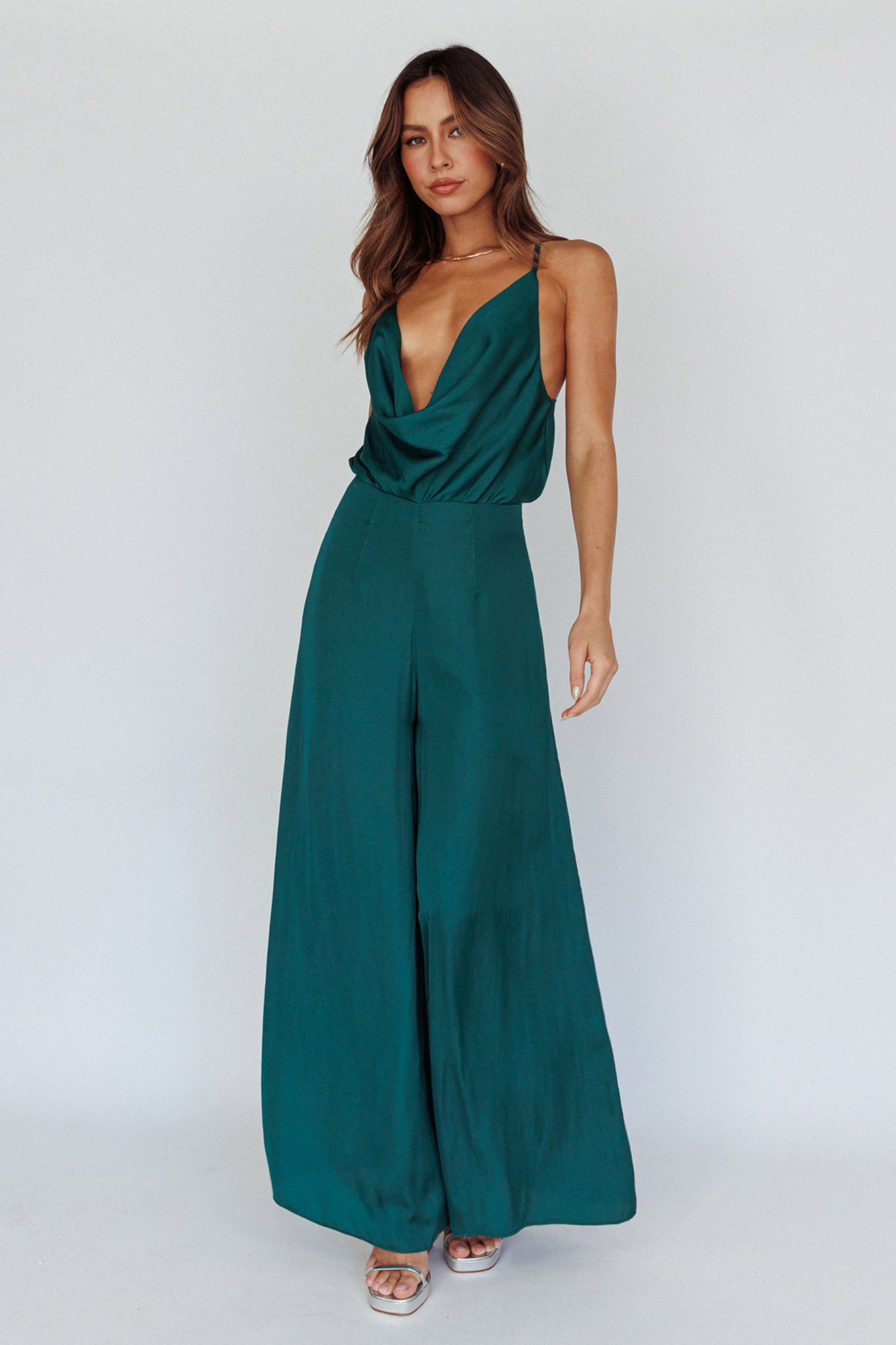 Jaclyn Wide-Leg Cowl Neck Jumpsuit Forest Green by Selfie Leslie Australia